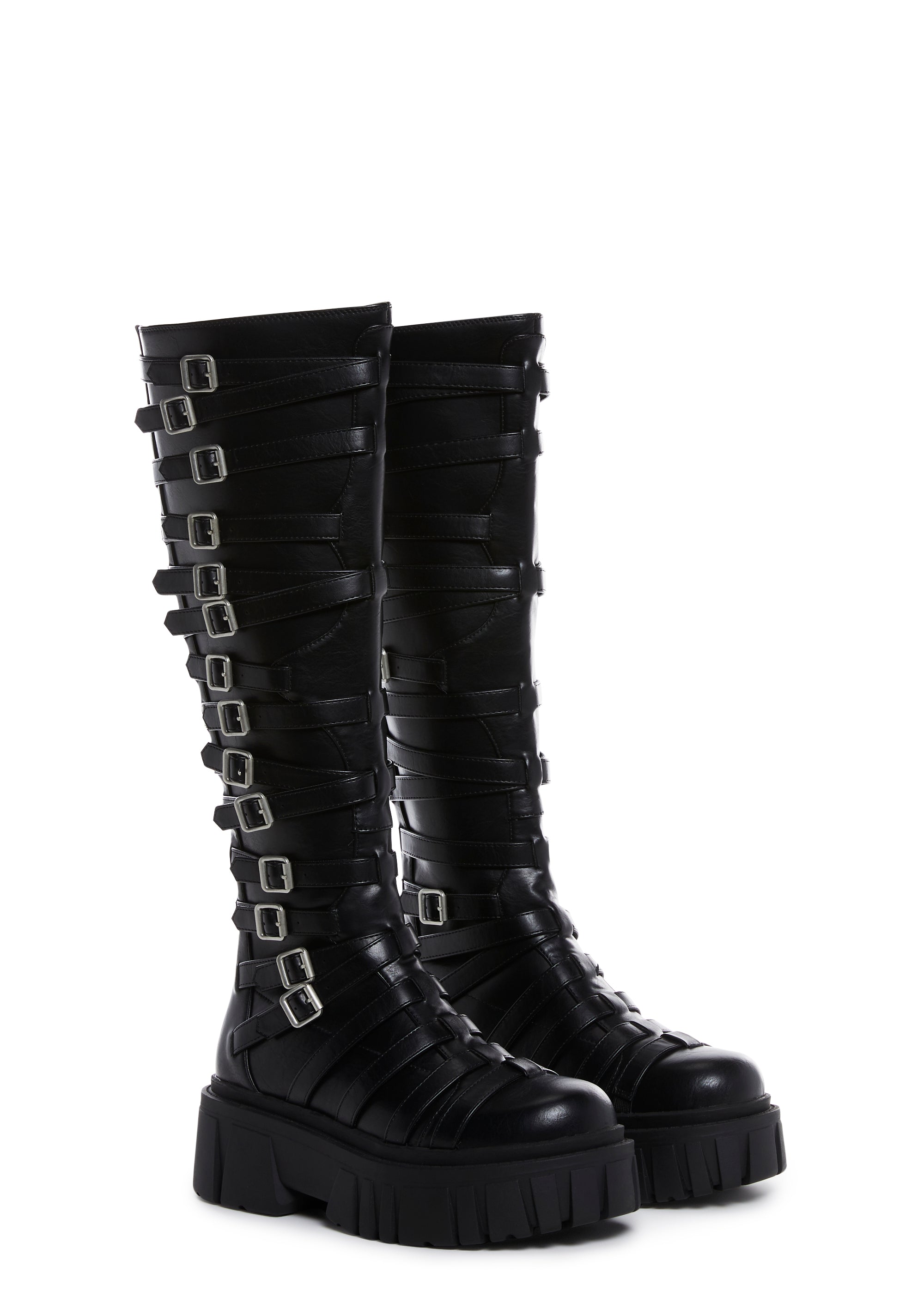Darker Wavs Vegan Leather Knee High Boots With Buckle Details And
