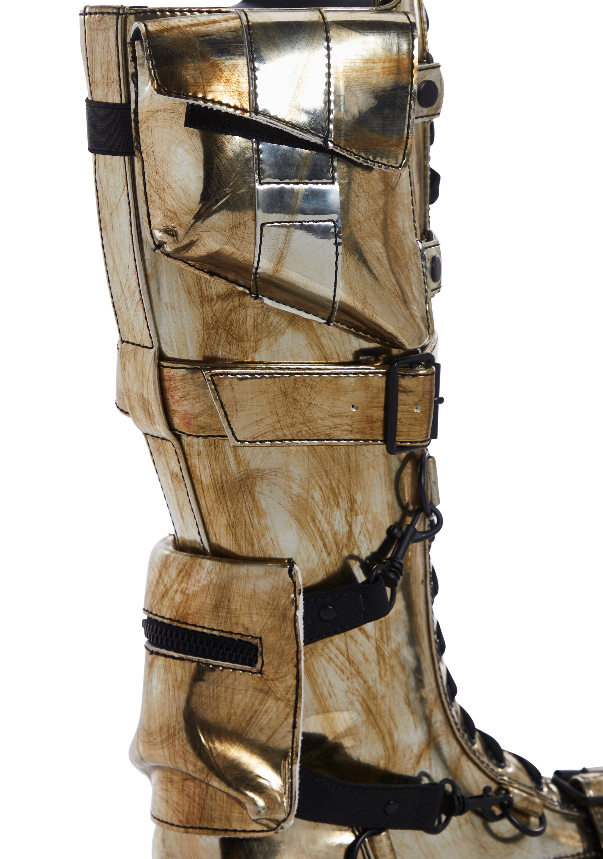 Club Exx Burning Man Distressed Metallic Knee High Boots With Pockets Rave Silver Dolls Kill