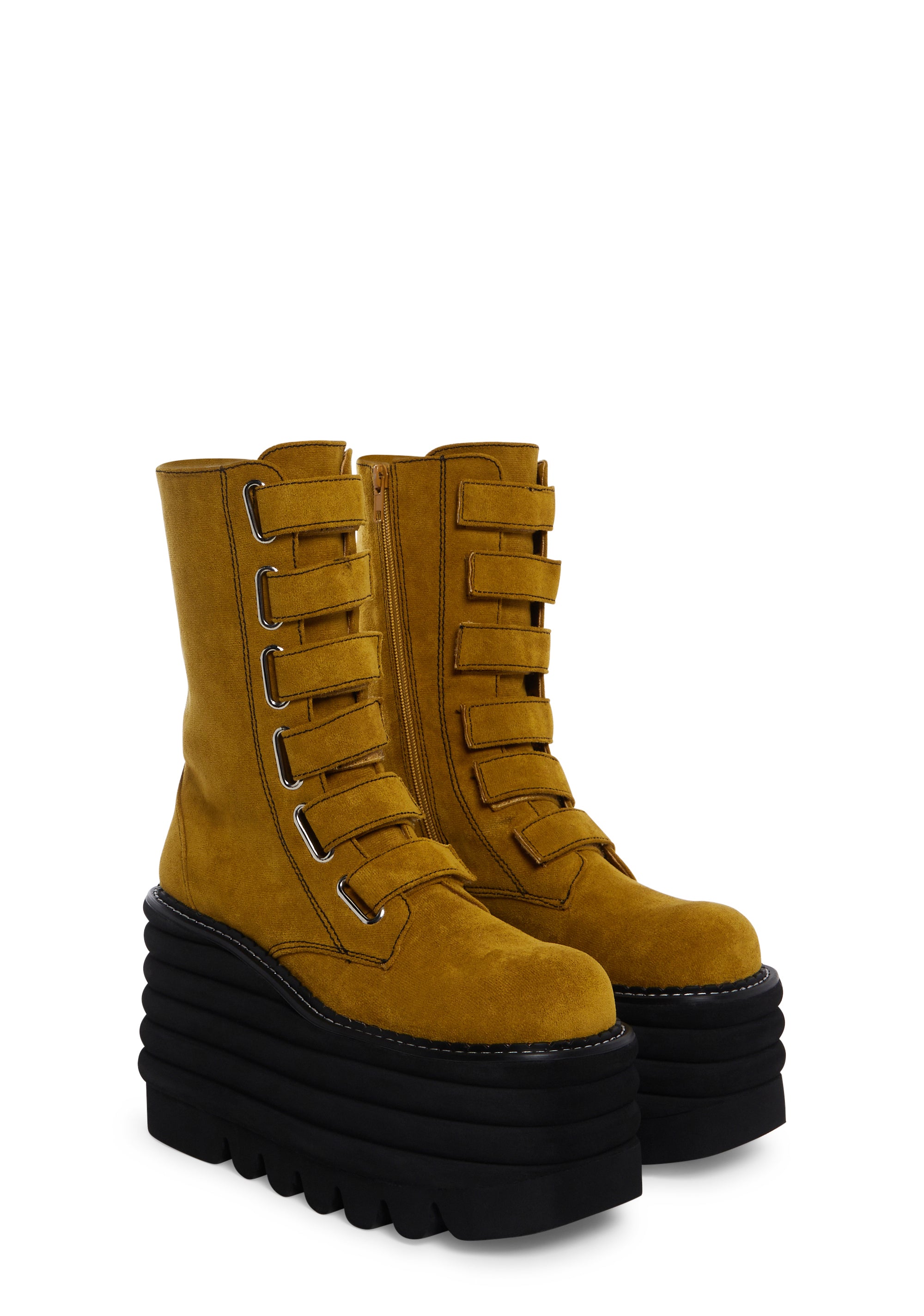 Current Mood Faux Suede Platform Boots With Velcro And Zipper Closures Yellow Dolls Kill
