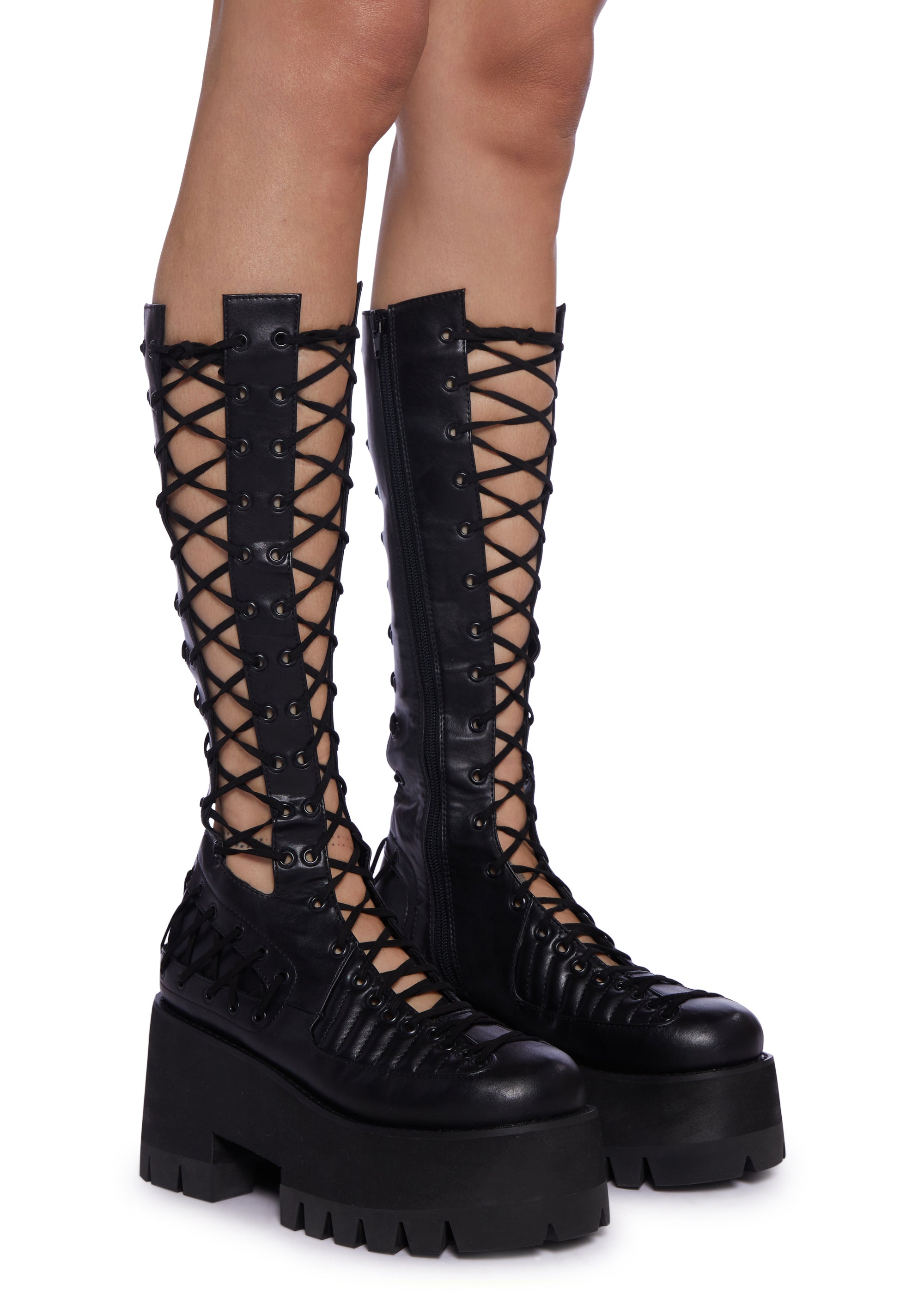 DollsKill Club Exx 厚底ブーツ　Y2K Club Exx Lace Up Vegan Leather Treaded Platform Boots - Black