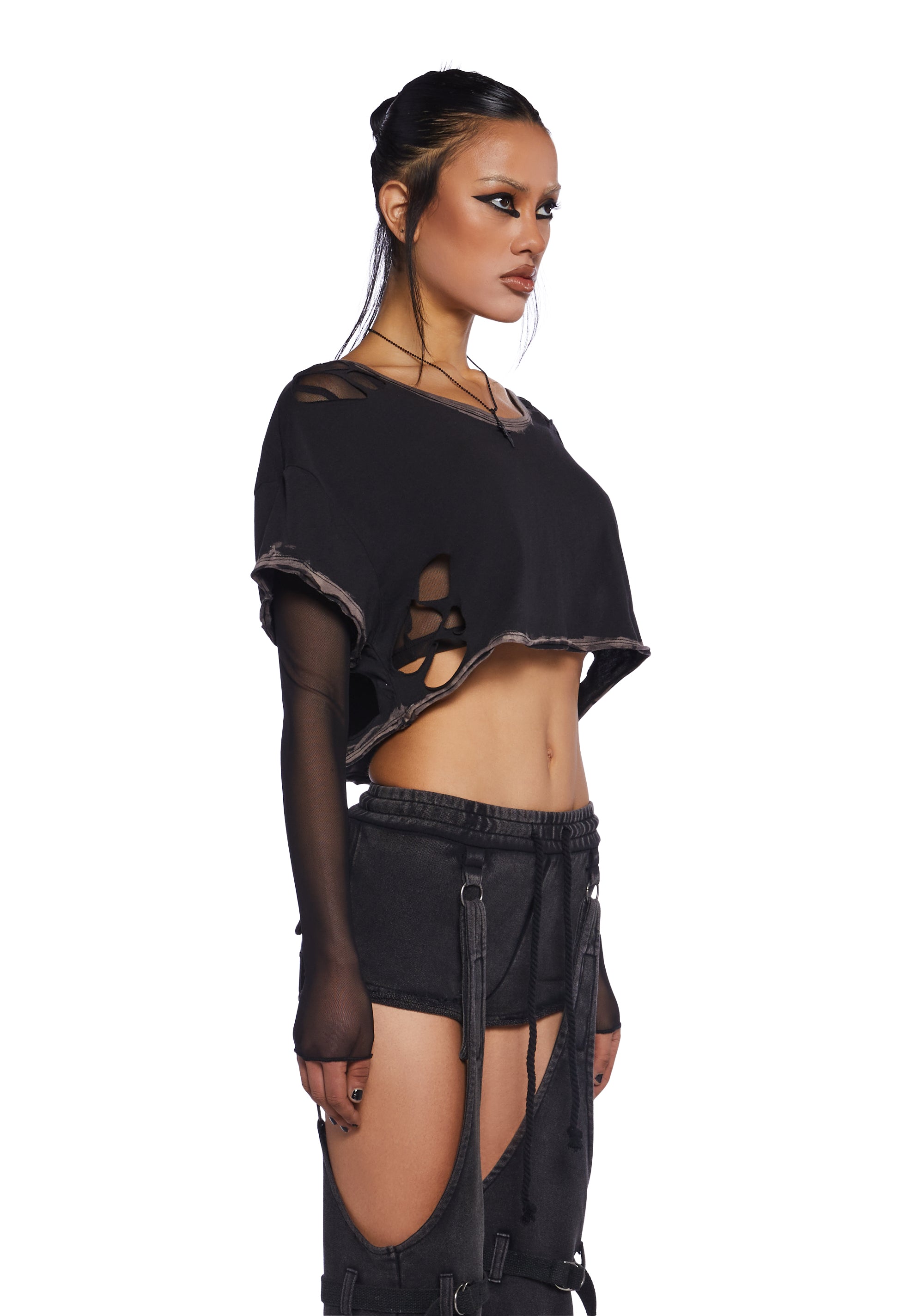 セール(SALE)開催中！ファッション通販 Sleeve Short Cutout Distressed Wavs Darker Top Sheer With トップス