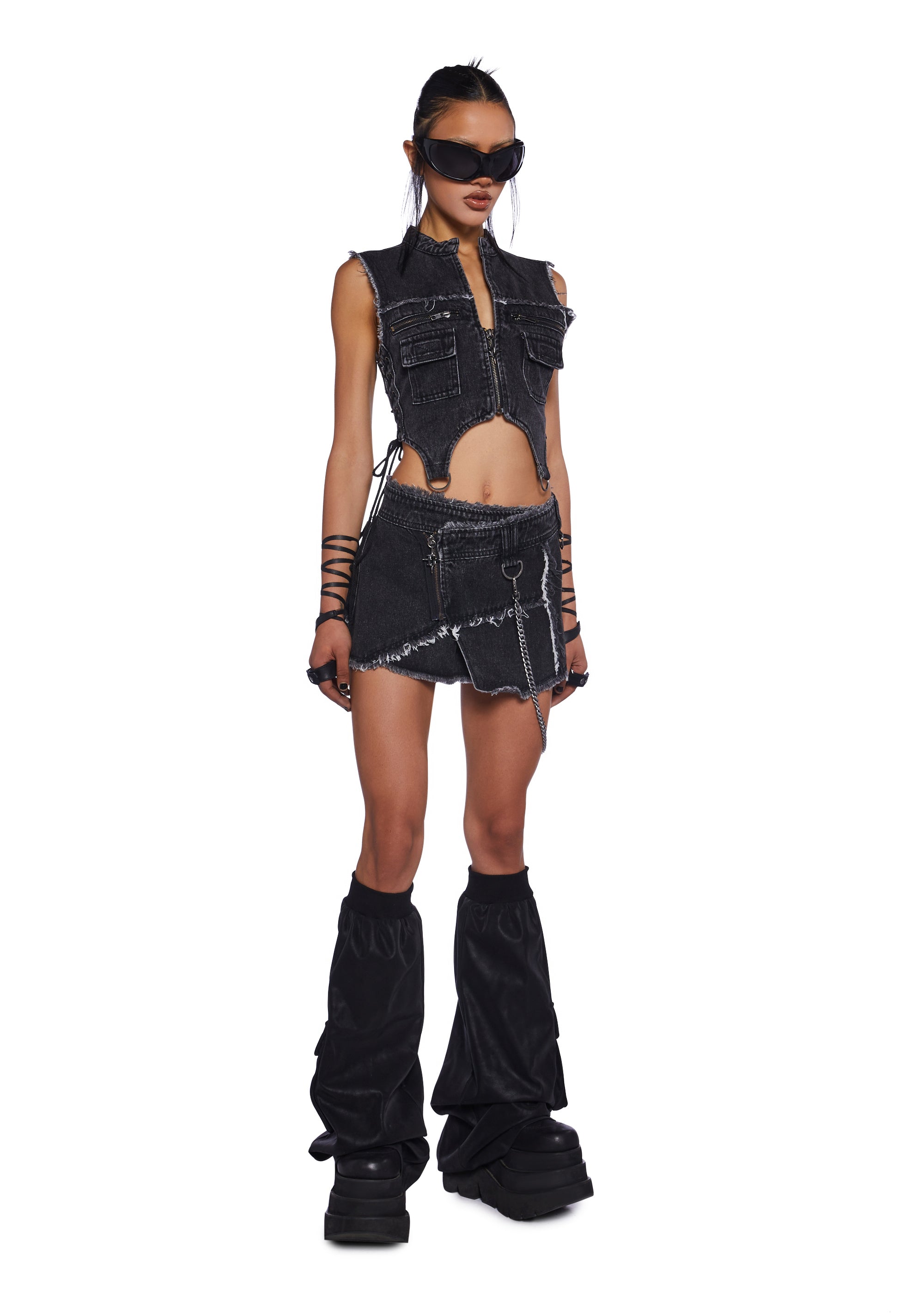 Darker Wavs Heavy Duty Distressed Denim Wrap Mini Skirt Darker Wavs Heavy Duty Distressed Denim Wrap Mini Skirt