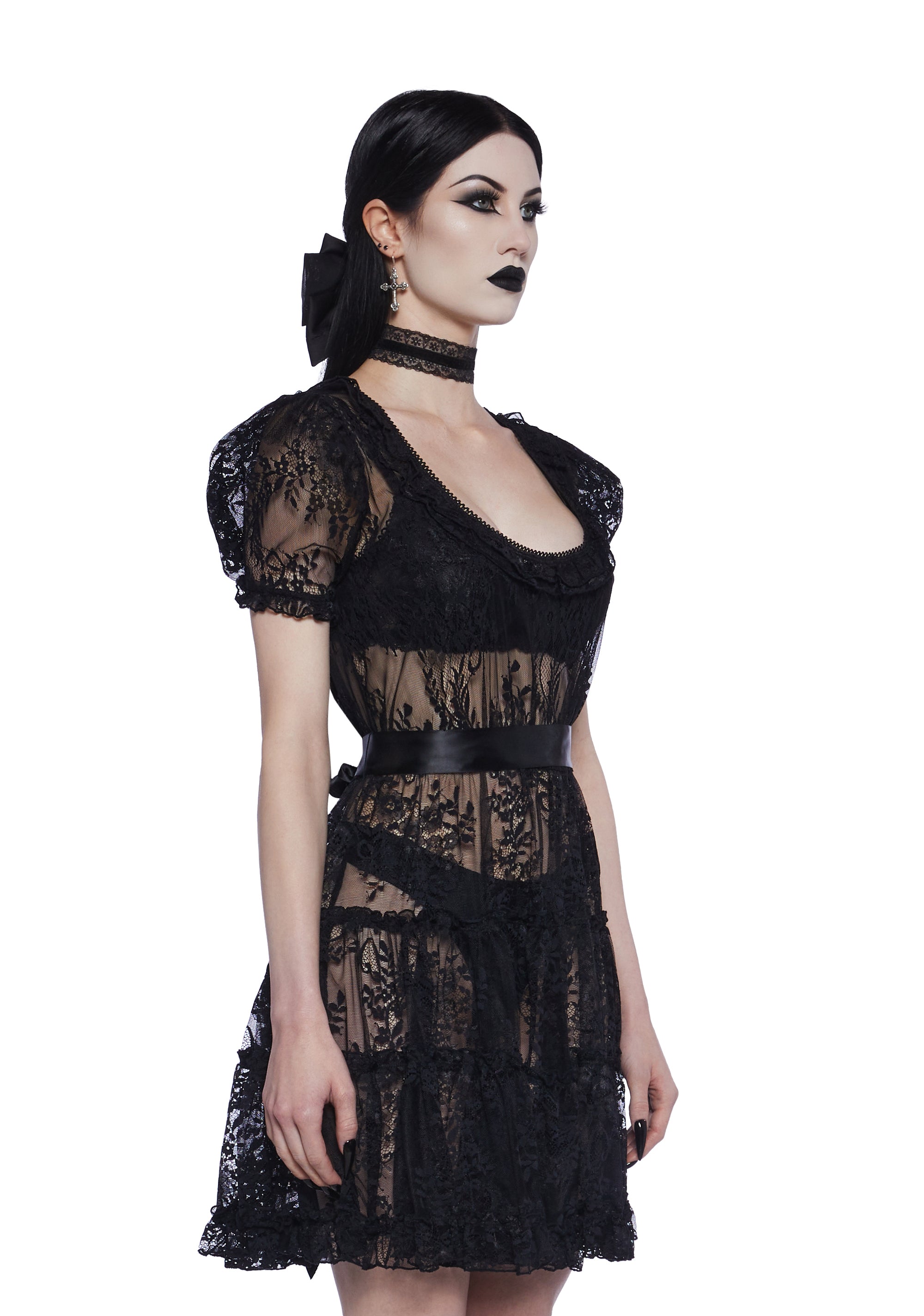 Widow Lolita Goth Sheer Lace Ruffled Ribbon Mini Dress