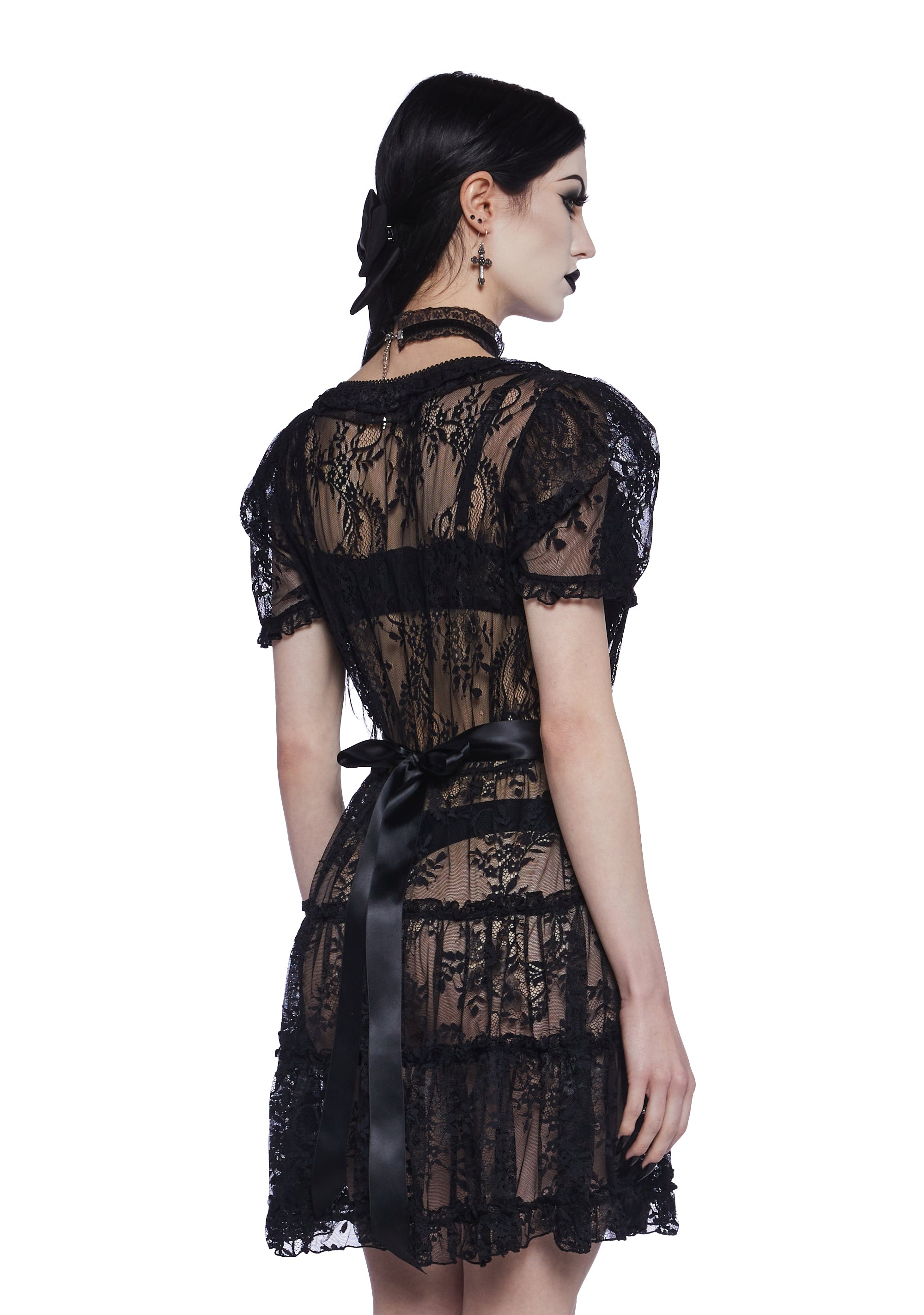 blue dress for baby girl Widow Lolita Goth Sheer Lace Ruffled Ribbon Mini Dress