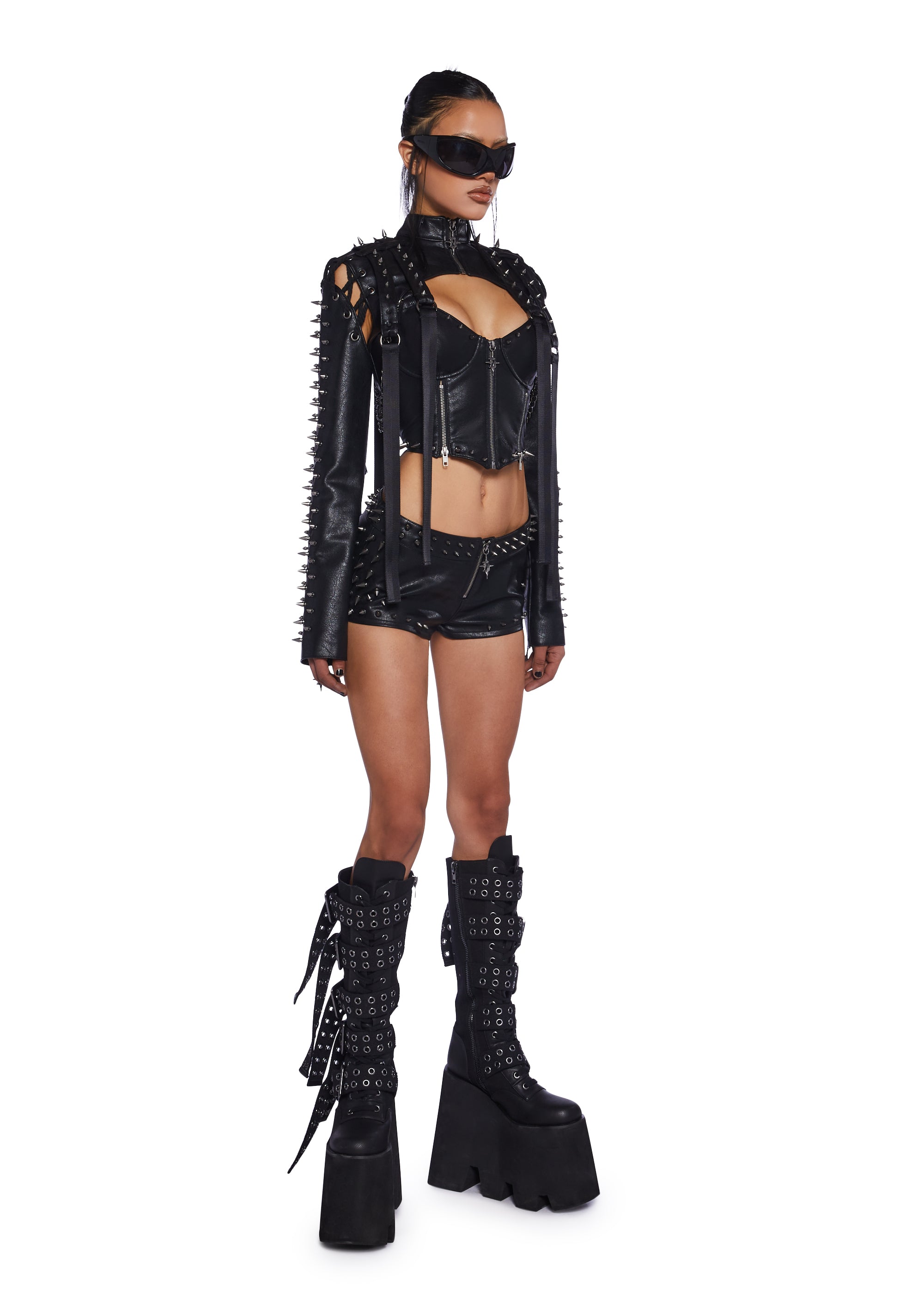 Darker Wavs Vegan Leather Shrug With Spikes And Rope Lace