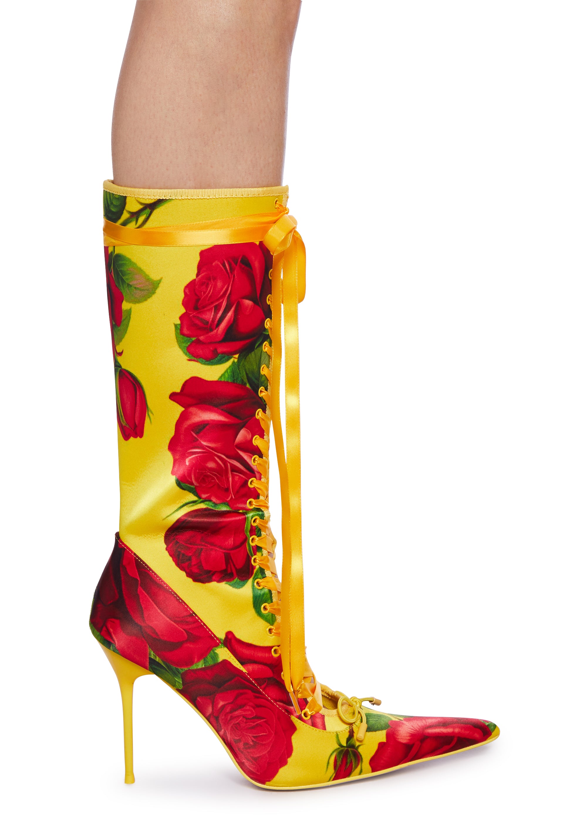 Sugar Thrillz Satin Rose Print Lace Up Stiletto Zip Up Boots Regency Core - Yellow Dolls Kill Sugar Thrillz Satin Rose Print Lace Up Stiletto Zip Up Boots Regency Core - Yellow Dolls Kill