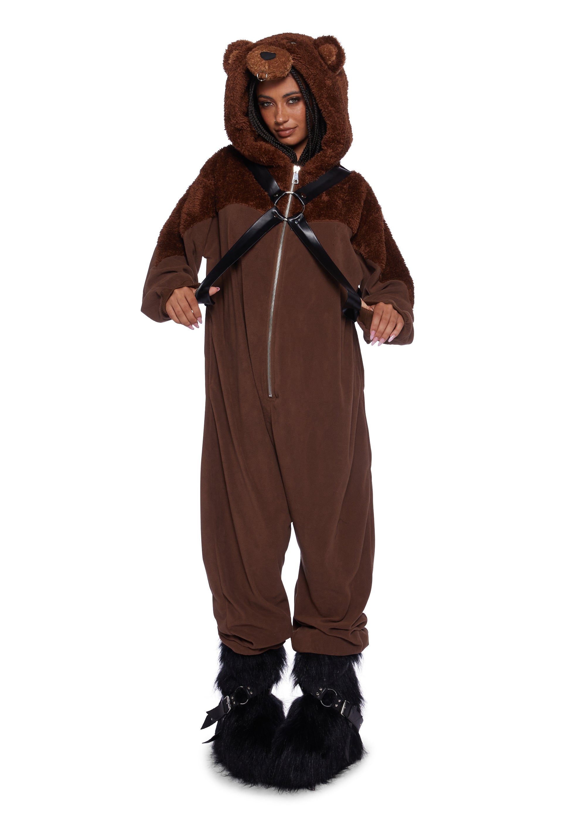 Sexy Womans Halloween Costume Fleece Faux Fur Bondage Bear Onesie - Brown Dolls Kill Sexy Womans Halloween Costume Fleece Faux Fur Bondage Bear Onesie - Brown Dolls Kill