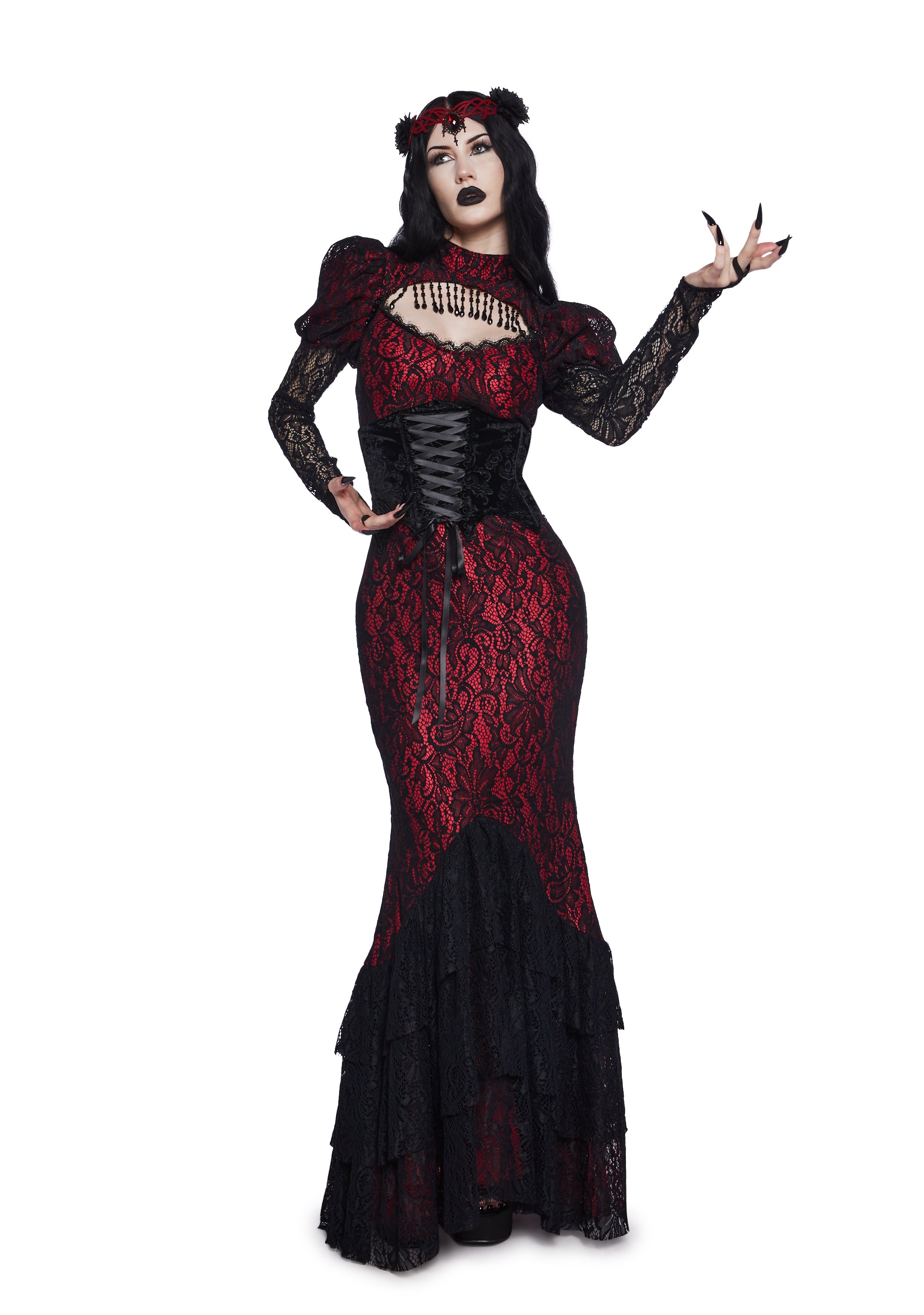 Vampire Sexy Womans Halloween Lace Maxi Sexy Dress With Fangs Waist Cincher And Headband Premium Costume - RED DARK RED / X-SMALL Vampire Sexy Womans Halloween Lace Maxi Sexy Dress With Fangs Waist Cincher And Headband Premium Costume - RED DARK RED / X-SMALL