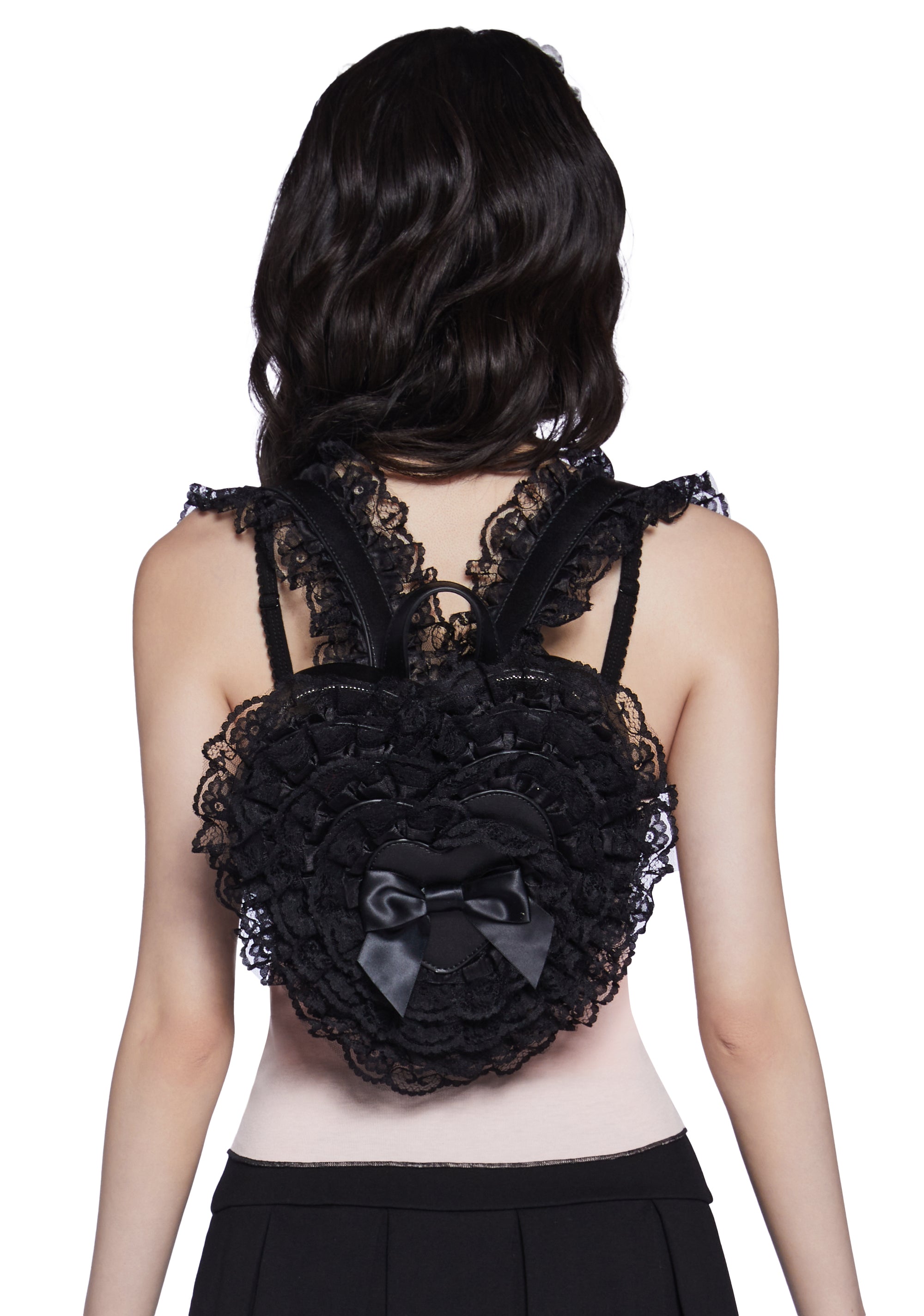 Widow Lace Ruffled Heart Shape Vegan Leather Mini Back - Black – Dolls Kill
