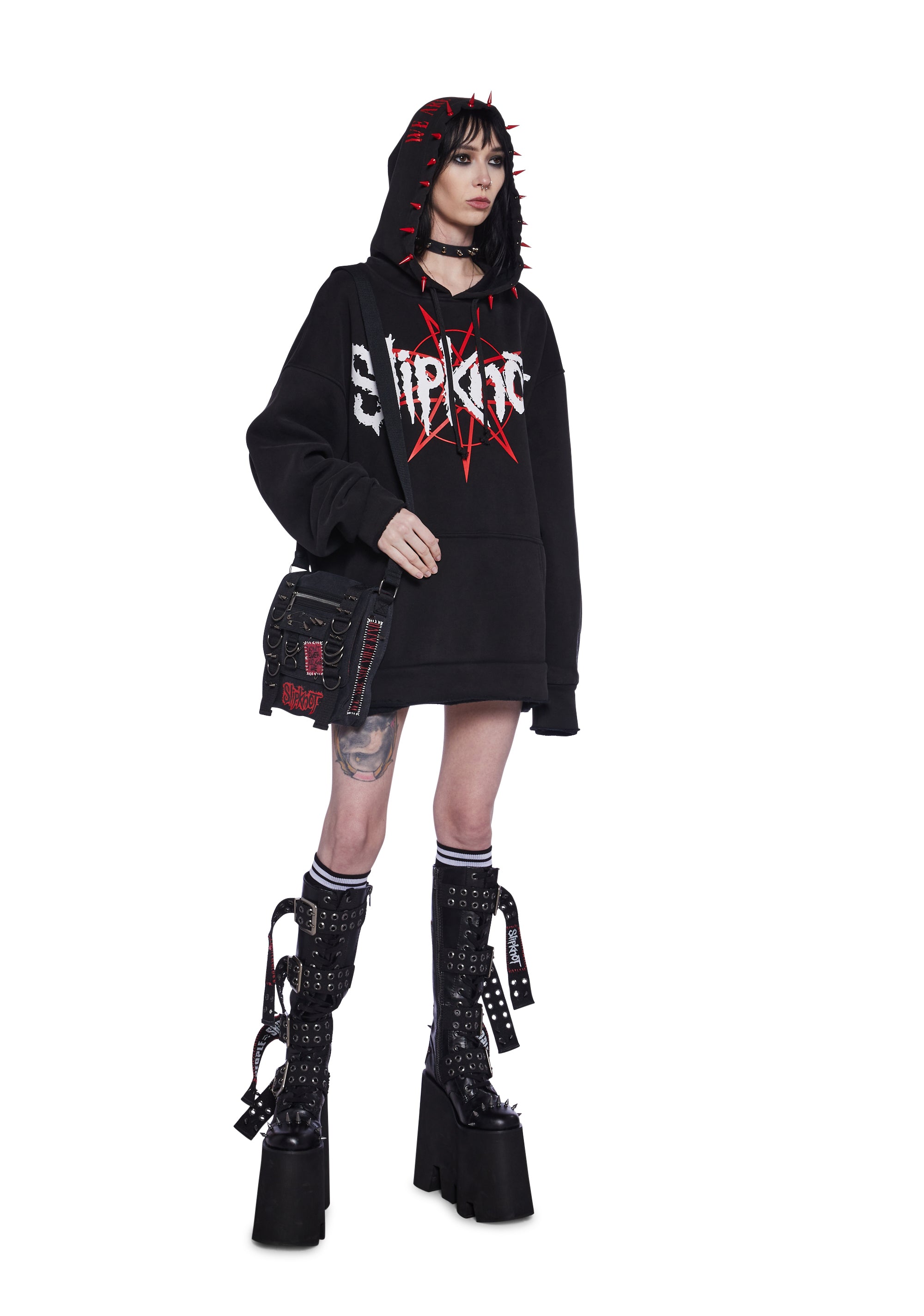 Dolls Kill x Slipknot Band Logo Distressed Spike Hoodie - Black Dolls Kill x Slipknot Band Logo Distressed Spike Hoodie - Black