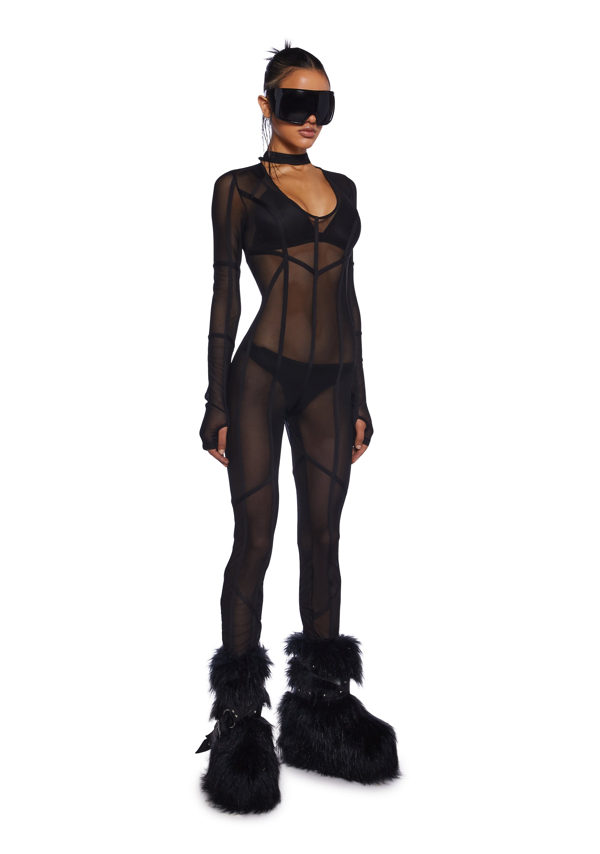 海外【DOLLS KILL】Pitch Open Back Jumpsuit DARKER WAVS Darker Wavs Sheer Nylon Mesh Catsuit With Piping Details
