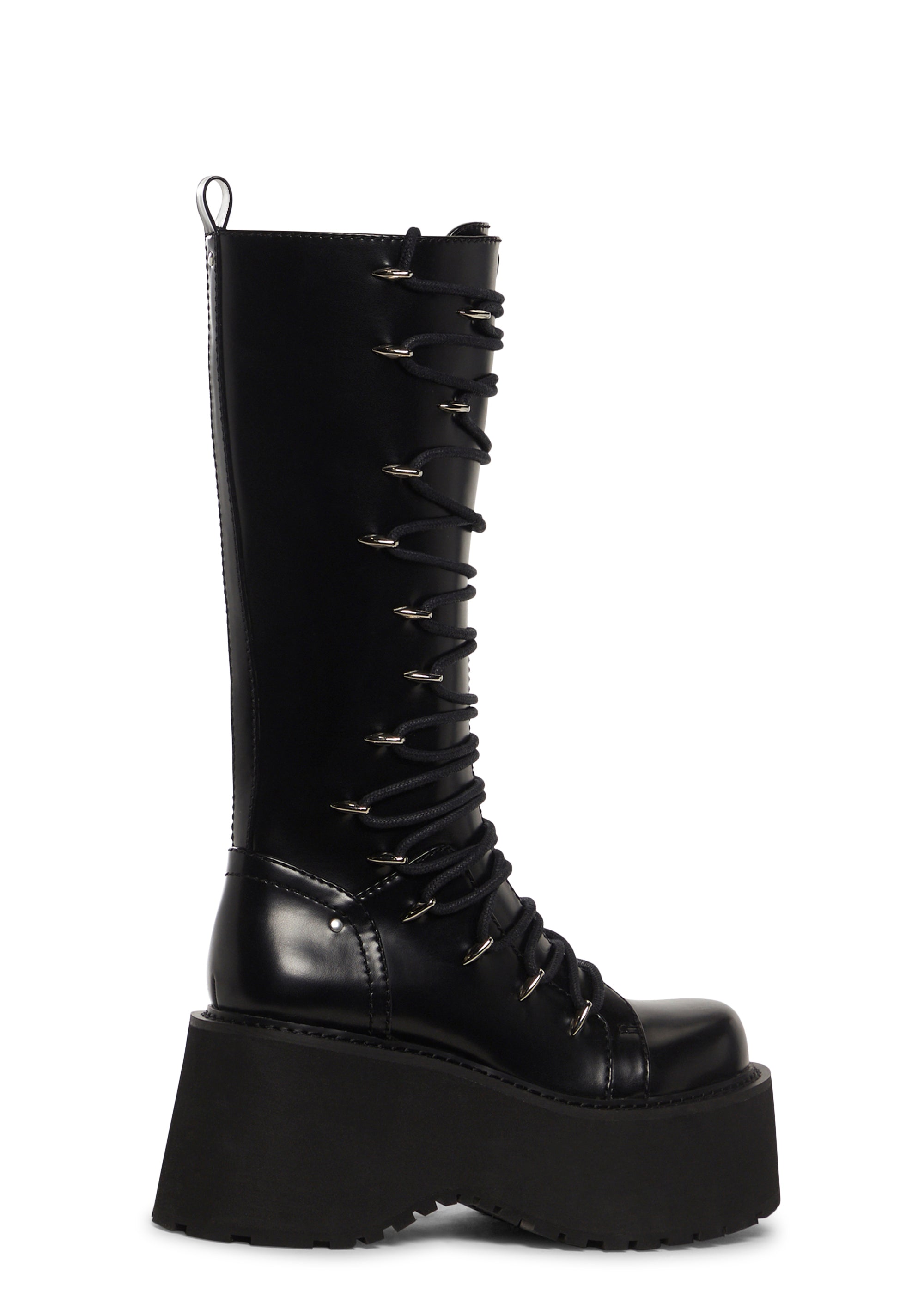 Current Mood Vegan Leather Lace Up Side Zip Knee High Boots Punk Back To School Black Dolls Kill