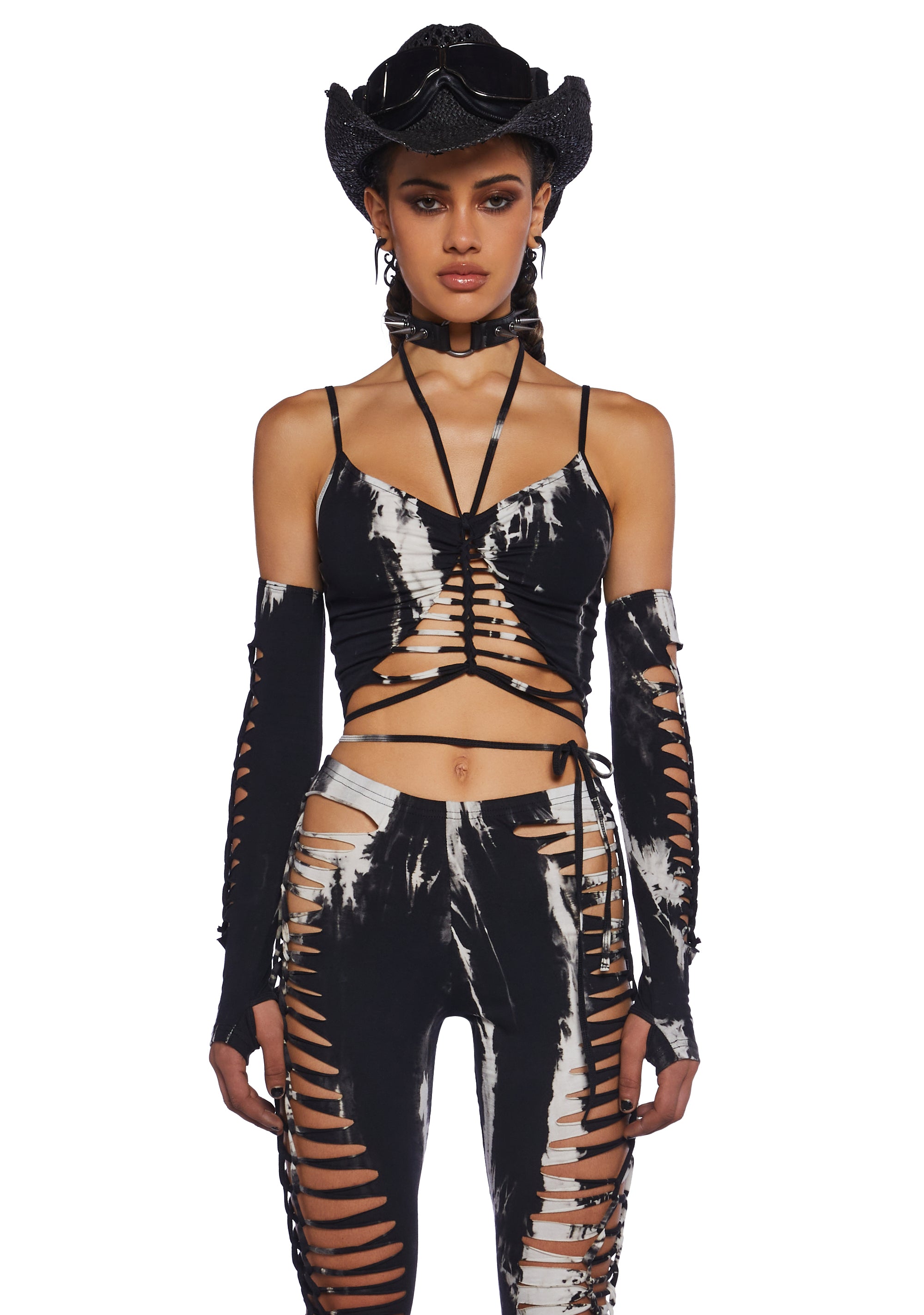 Club Exx Burning Man Tie Dye Shredded Tank And Gloves Set - Black