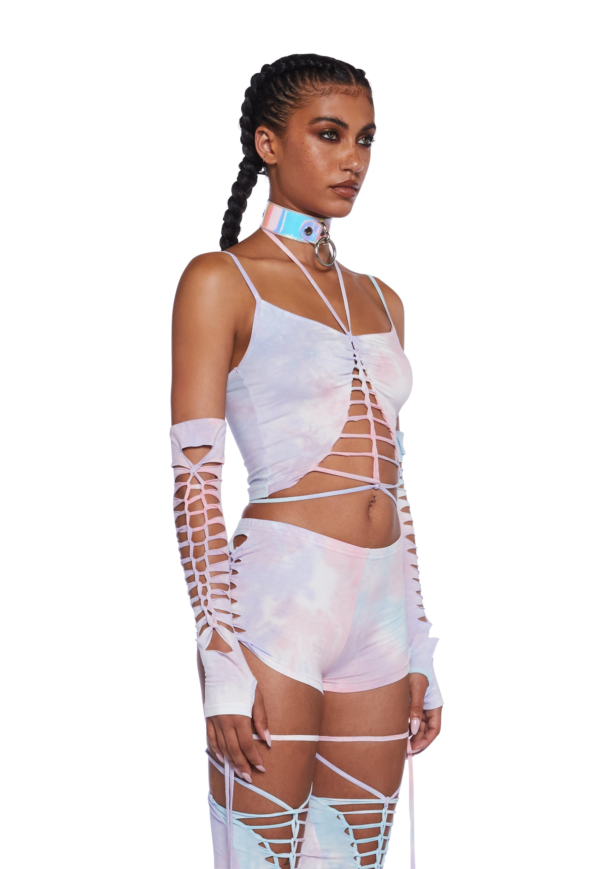 Club Exx Burning Man Tie Dye Shredded Tank And Gloves Set - Pink