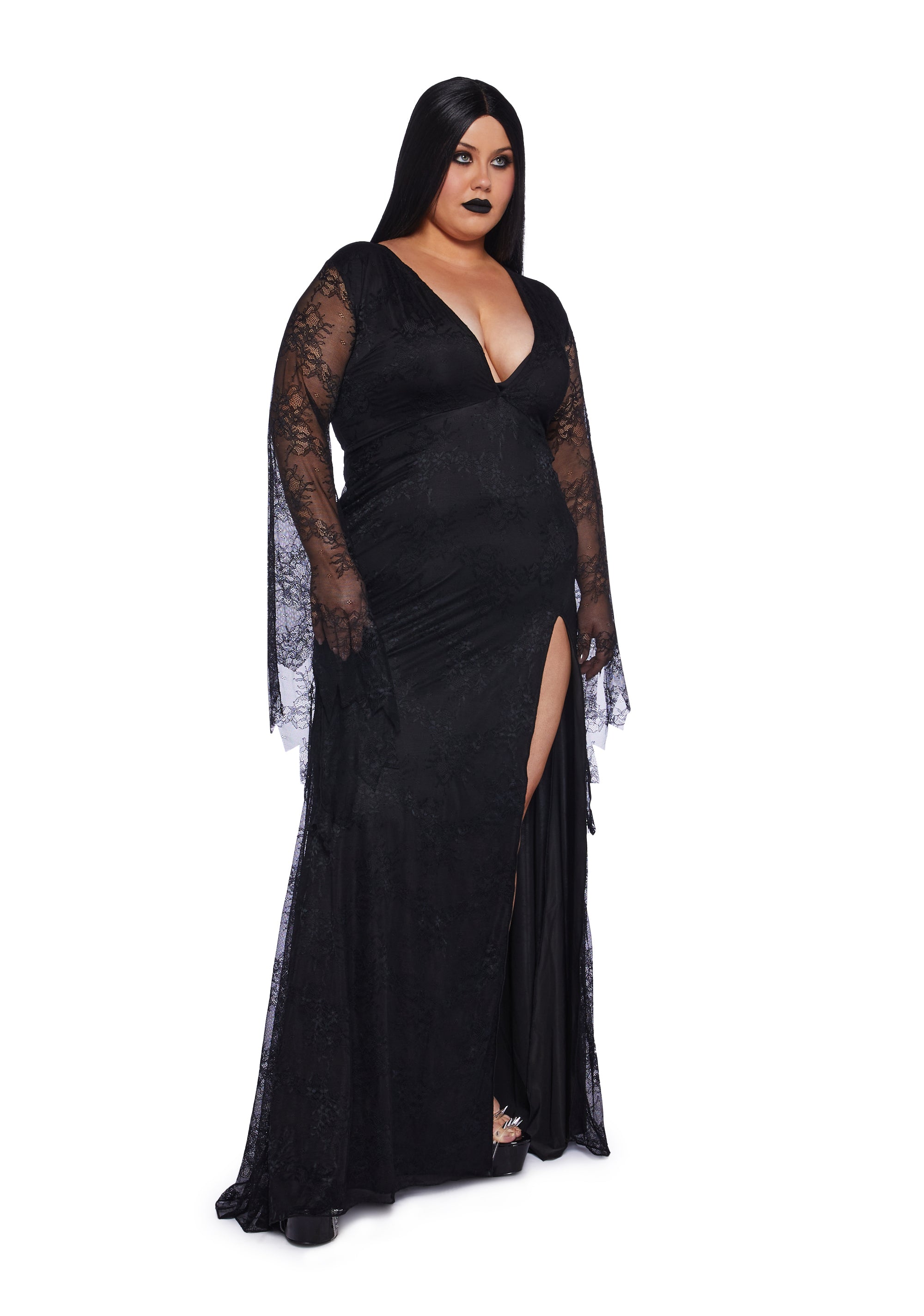 Plus Size Addam's Family Morticia Lace Vampire Queen Maxi Dress Sexy Womans  Halloween Costume