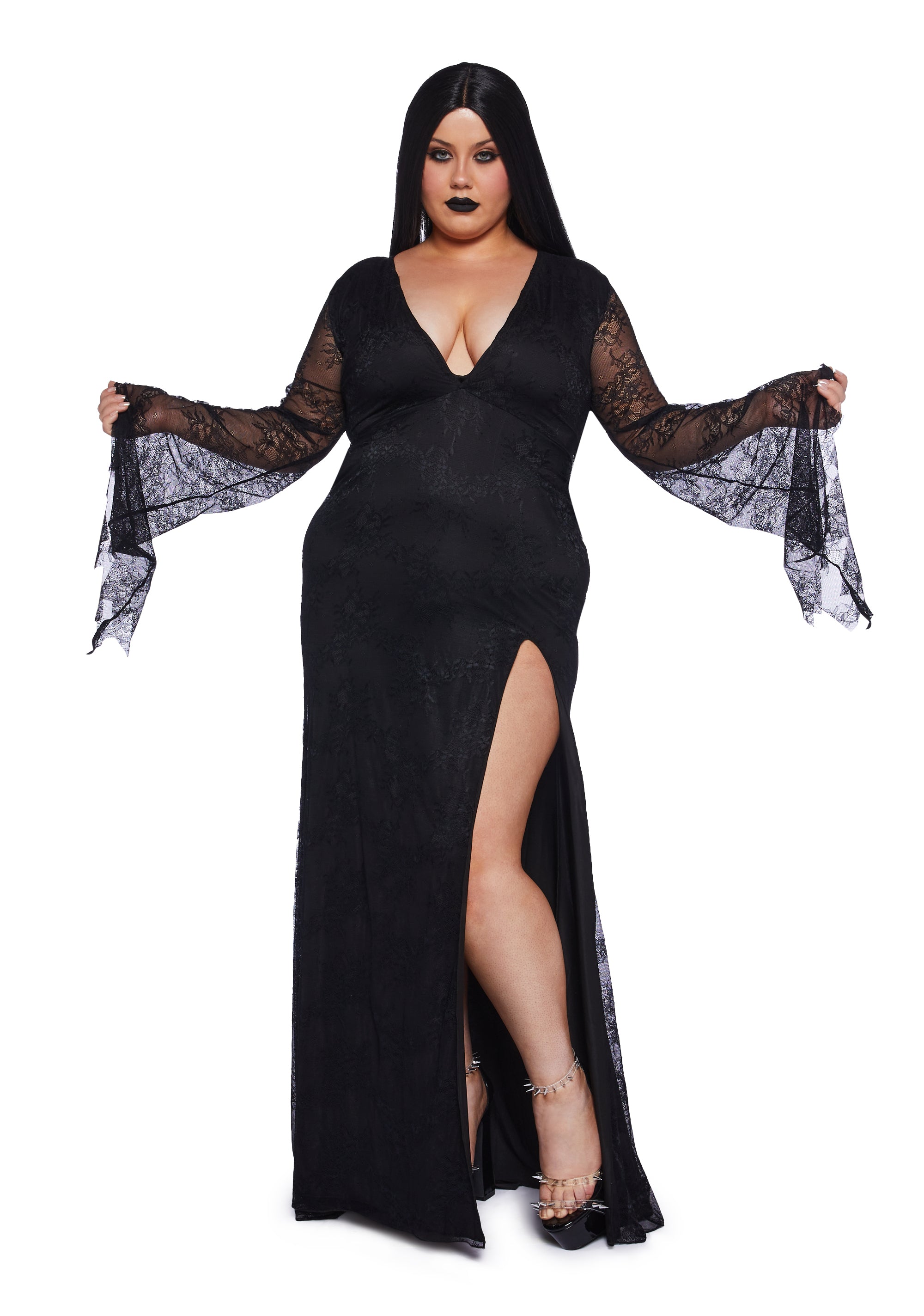 Plus Size Addam's Family Morticia Lace Vampire Queen Maxi Dress Sexy Womans Halloween  Costume