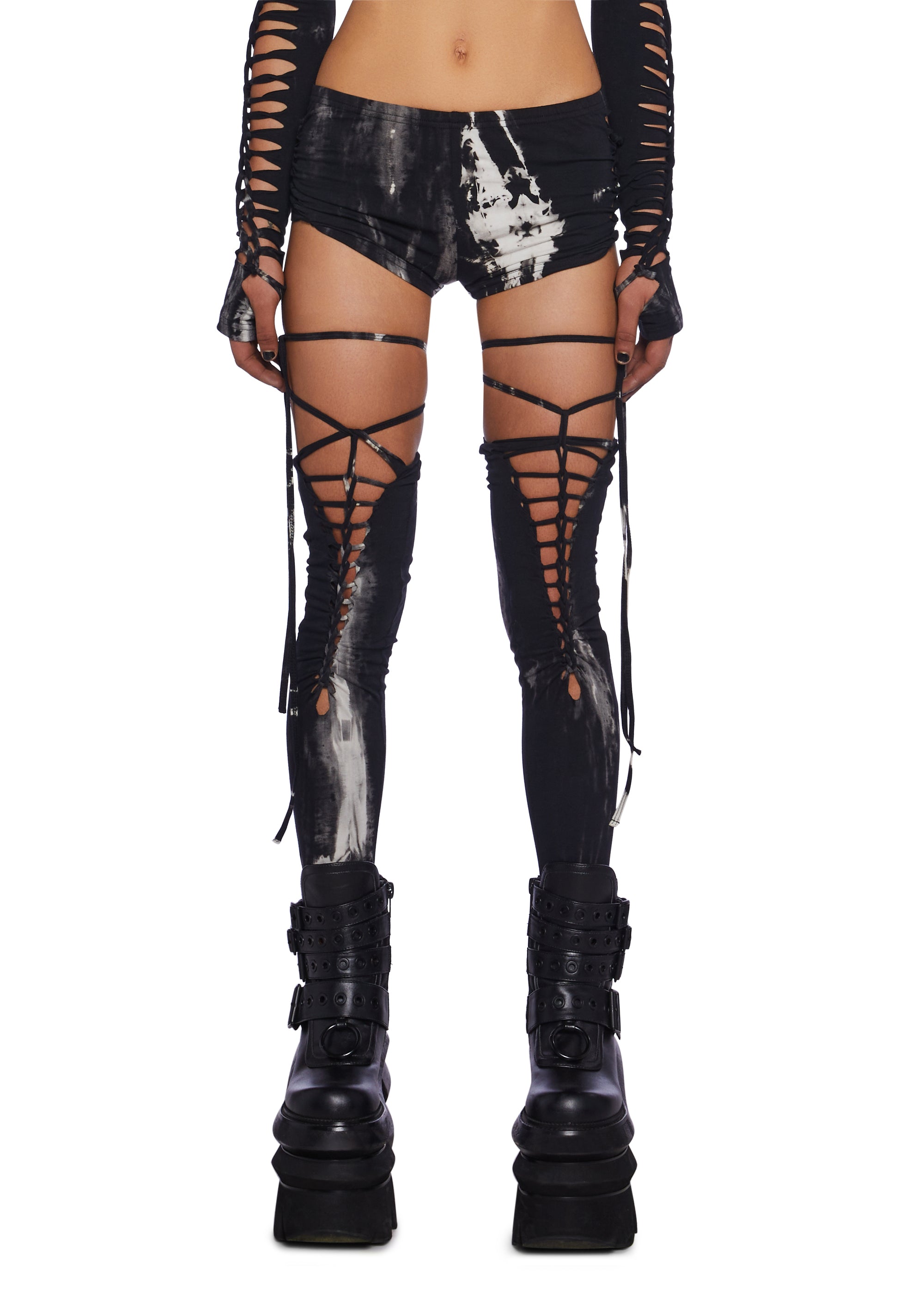 Club Exx Burning Man Tie Dye Shredded Shorts And Stockings Set