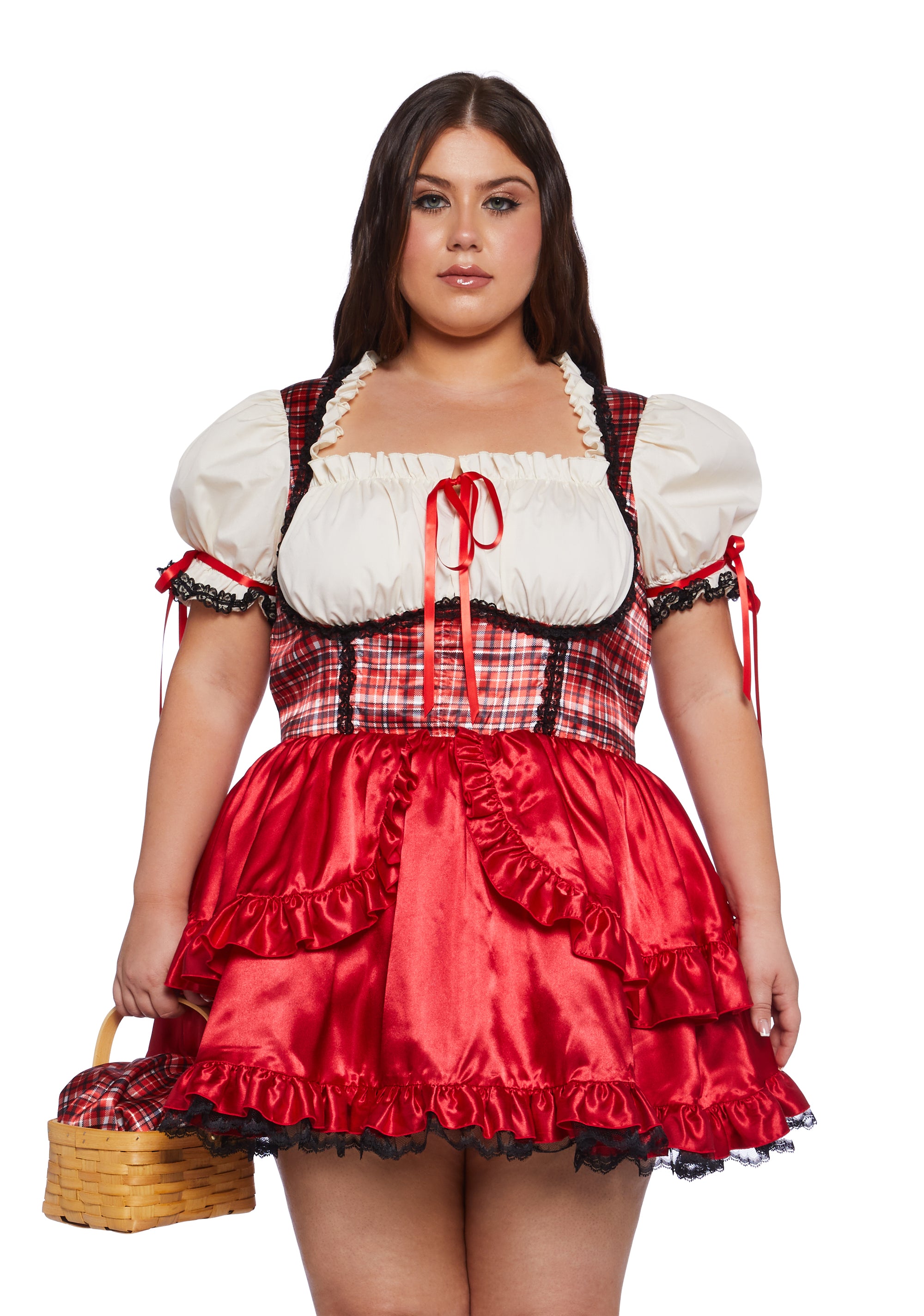 Plus Size Red Riding Hood Sexy Womans Halloween Costume Mini Dress With Cape And Tablecloth And Basket