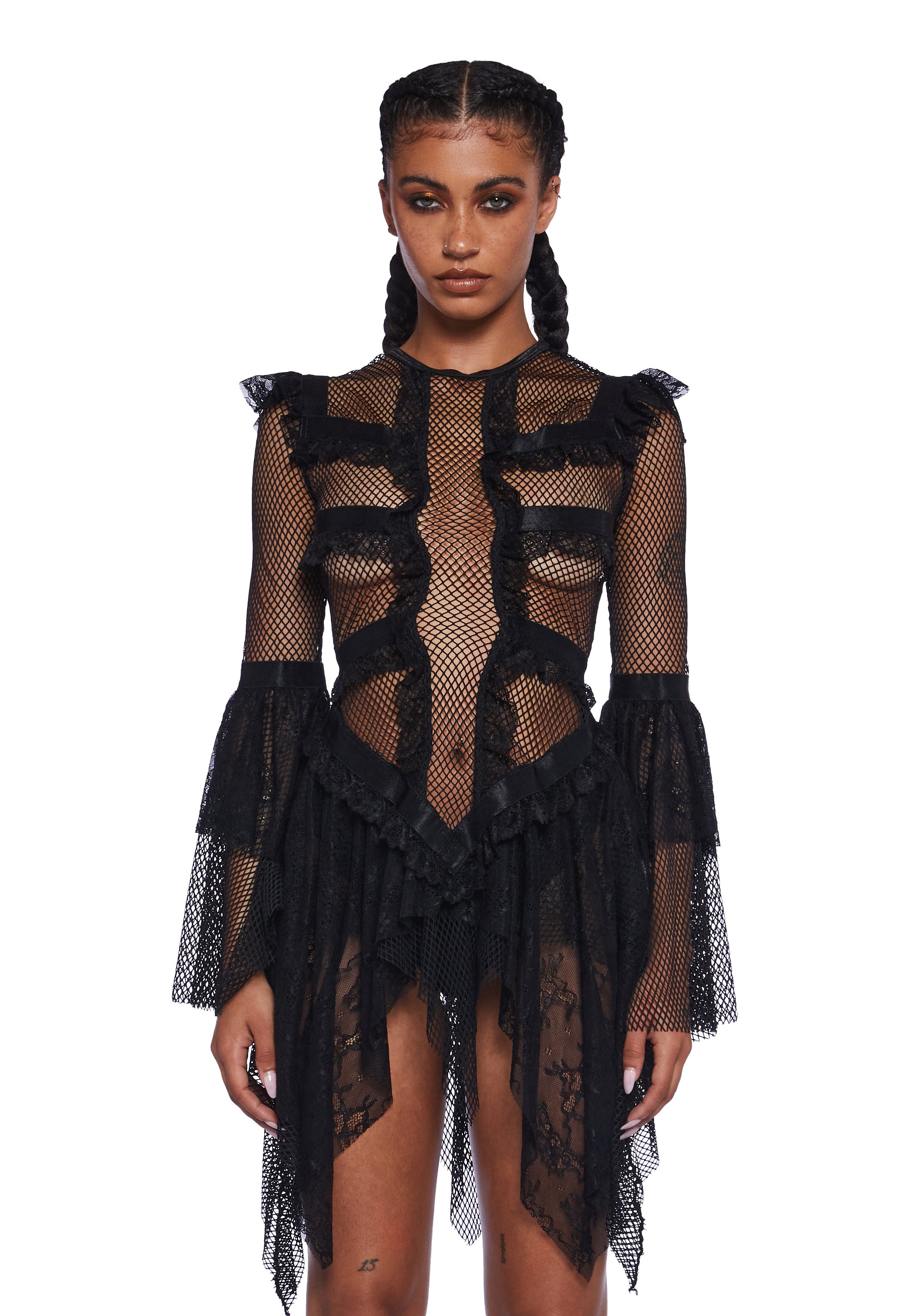 Club Exx Burning Man Sheer Fishnet Lace Trim Bell Sleeve Mini Dress Burning Man