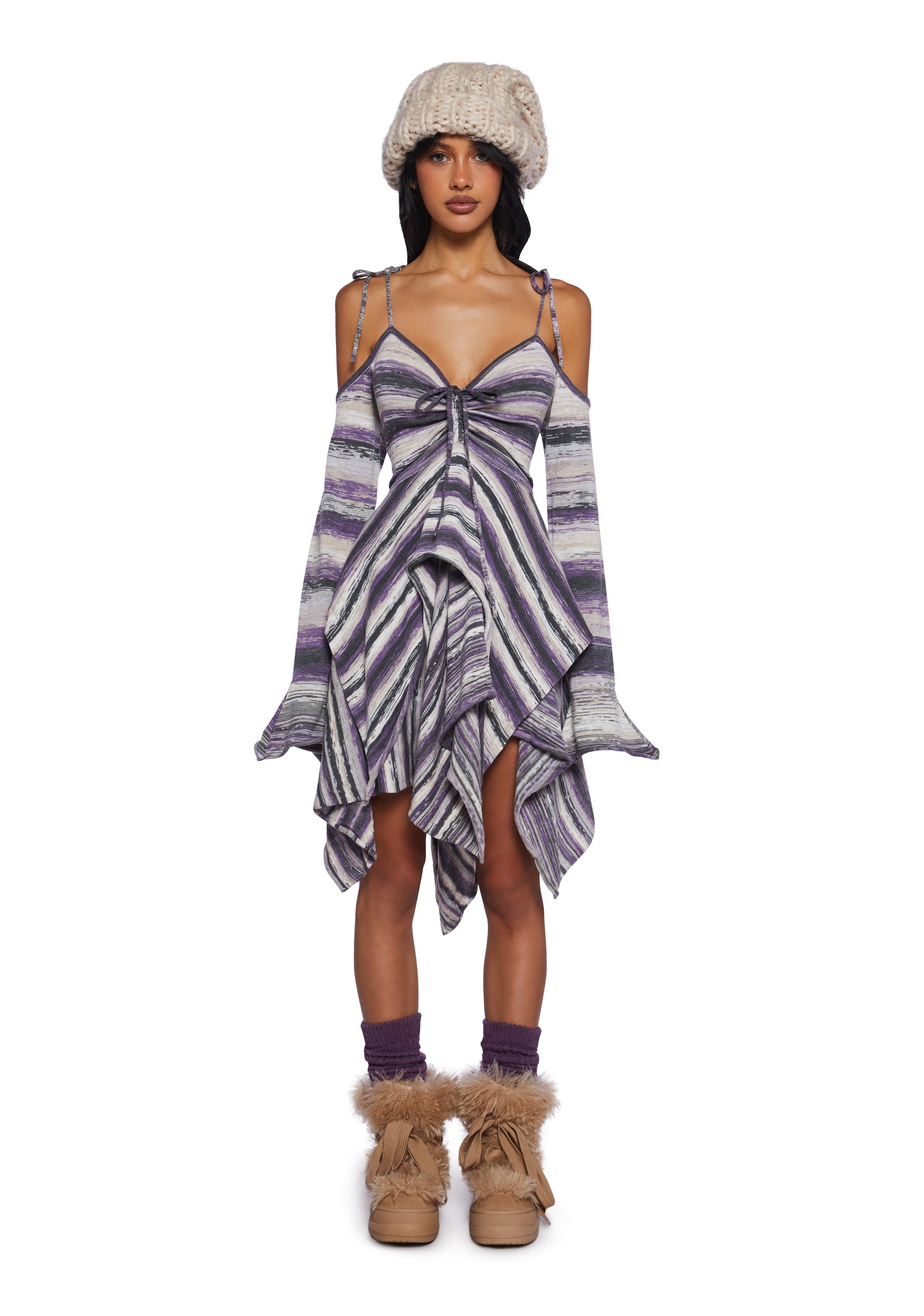 Current Mood Off The Shoulder Striped Knit Yarn Handkerchief Mini Dress