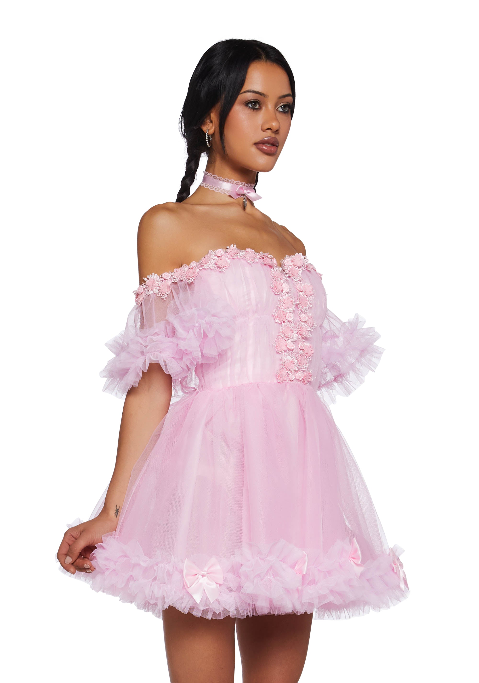Sugar Thrillz Tulle Off The Shoulder Mini Dress With Bows - Pink