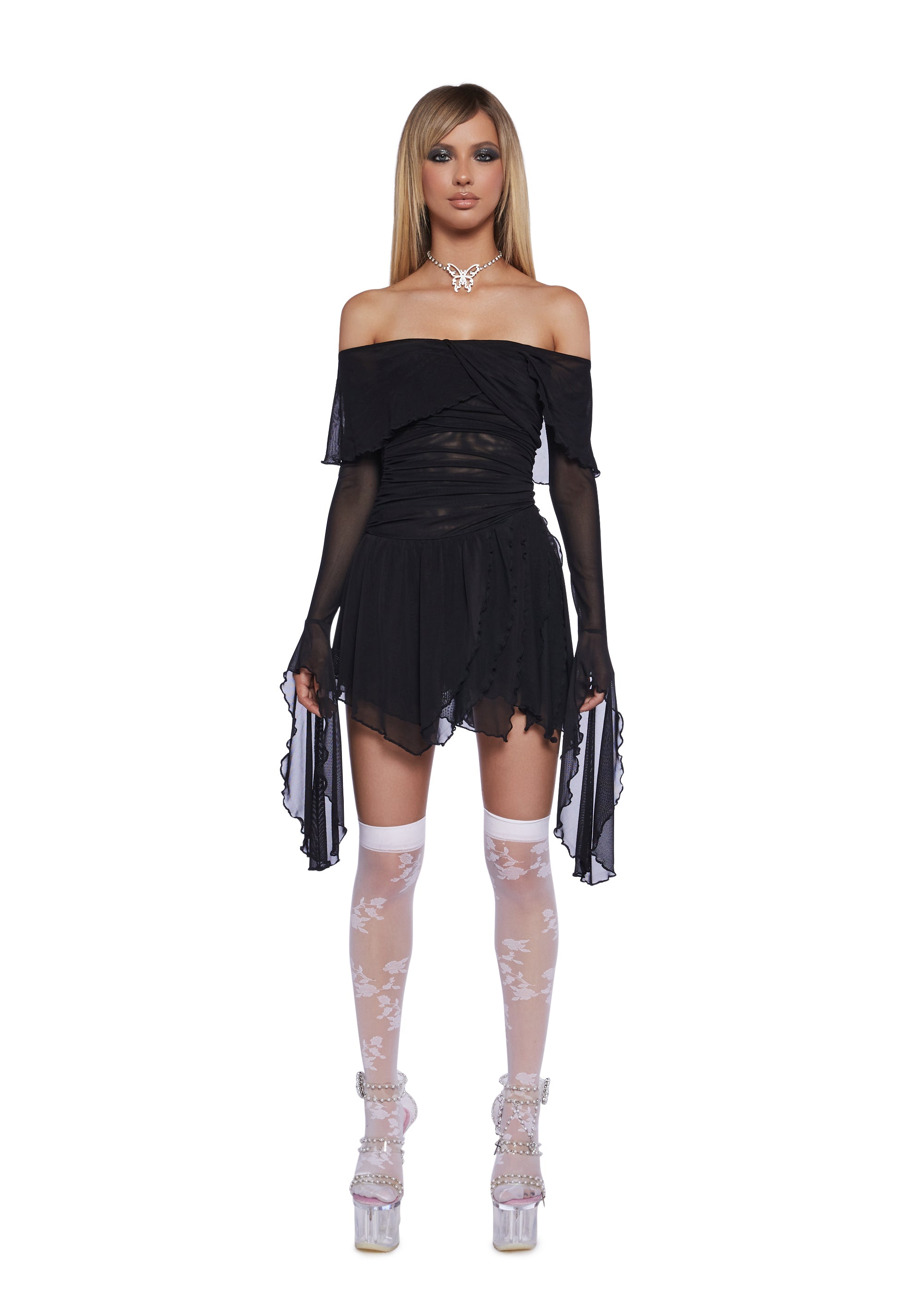 Sugar Thrillz Off The Shoulder Mesh Mini Dress With Removable Long Sleeves 