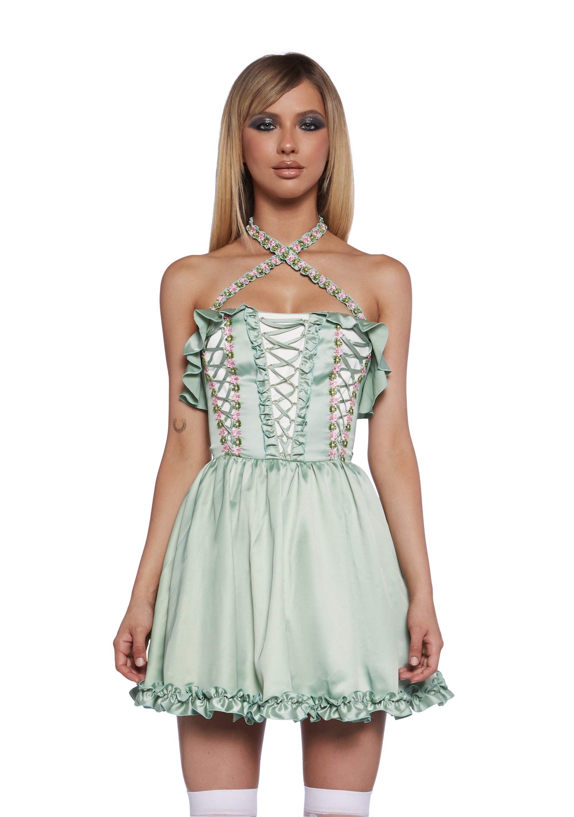 Sugar Thrillz Fairy Embroidered Floral Ruffled Lace-Up Halter Mini Dress - Green Dolls Kill Sugar Thrillz Fairy Embroidered Floral Ruffled Lace-Up Halter Mini Dress - Green Dolls Kill