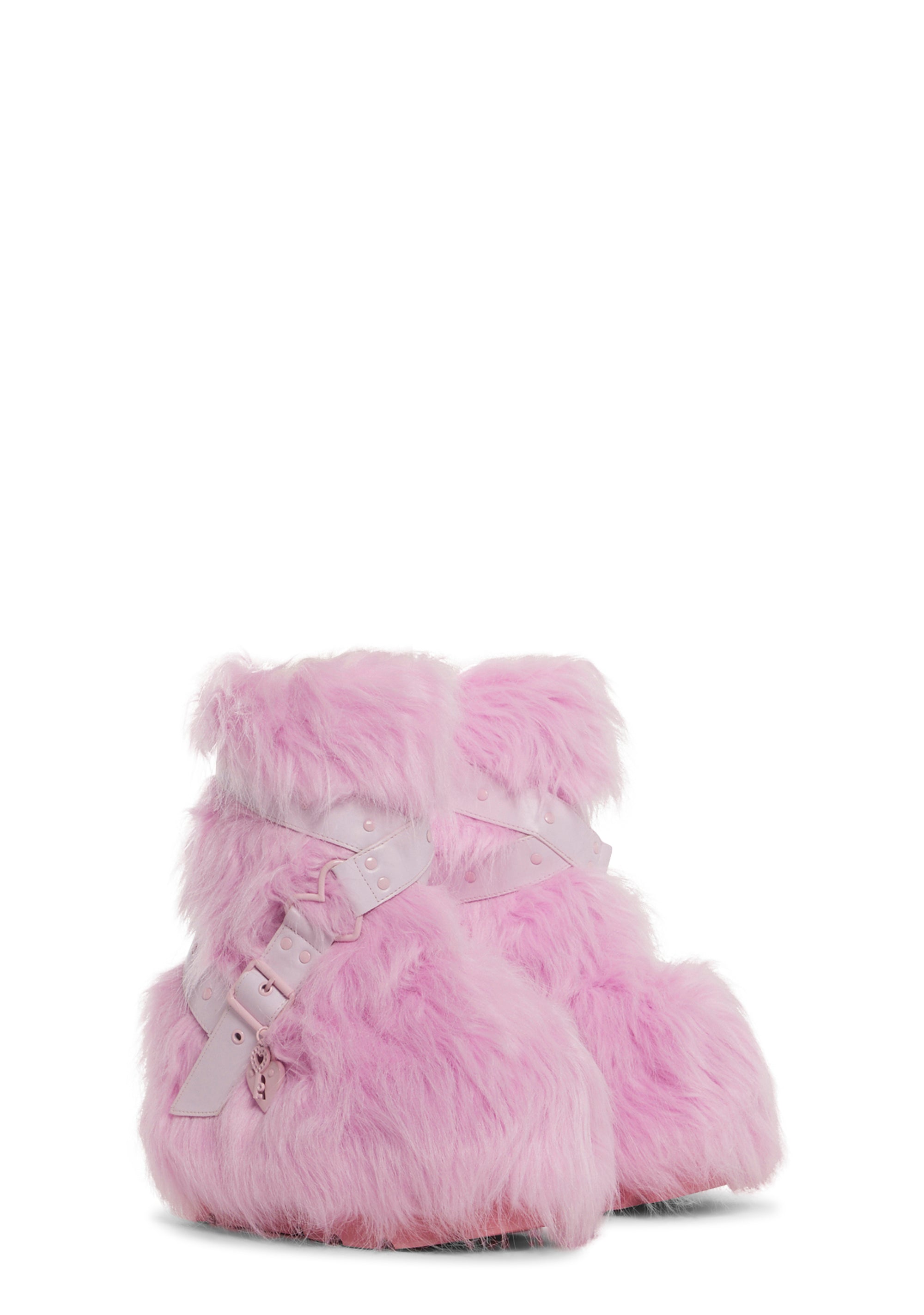Sugar Thrillz Faux Fuzzy Fur Kawaii Heart Lock And Key Pull On Boots Pink Dolls Kill