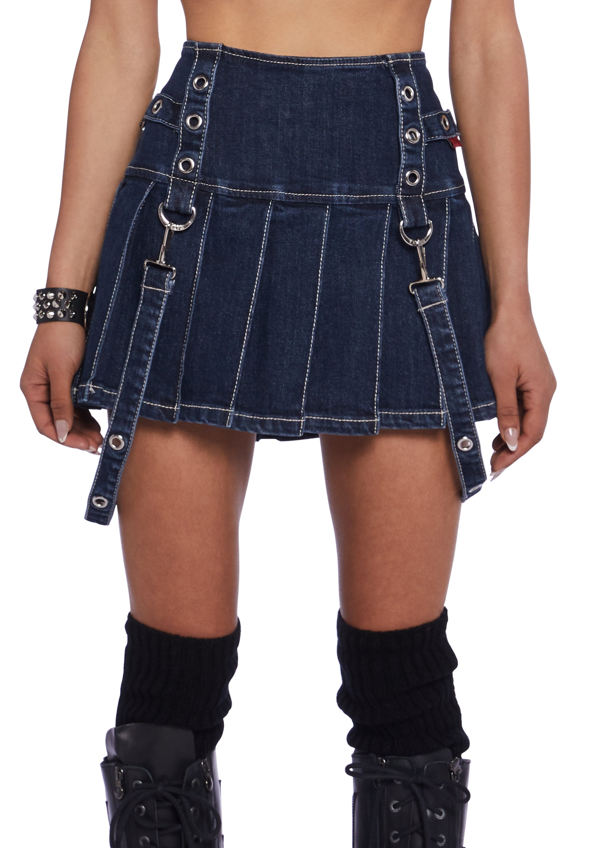 Tripp NYC Denim Grommet Pleated Mini Skirt - Blue – Dolls Kill