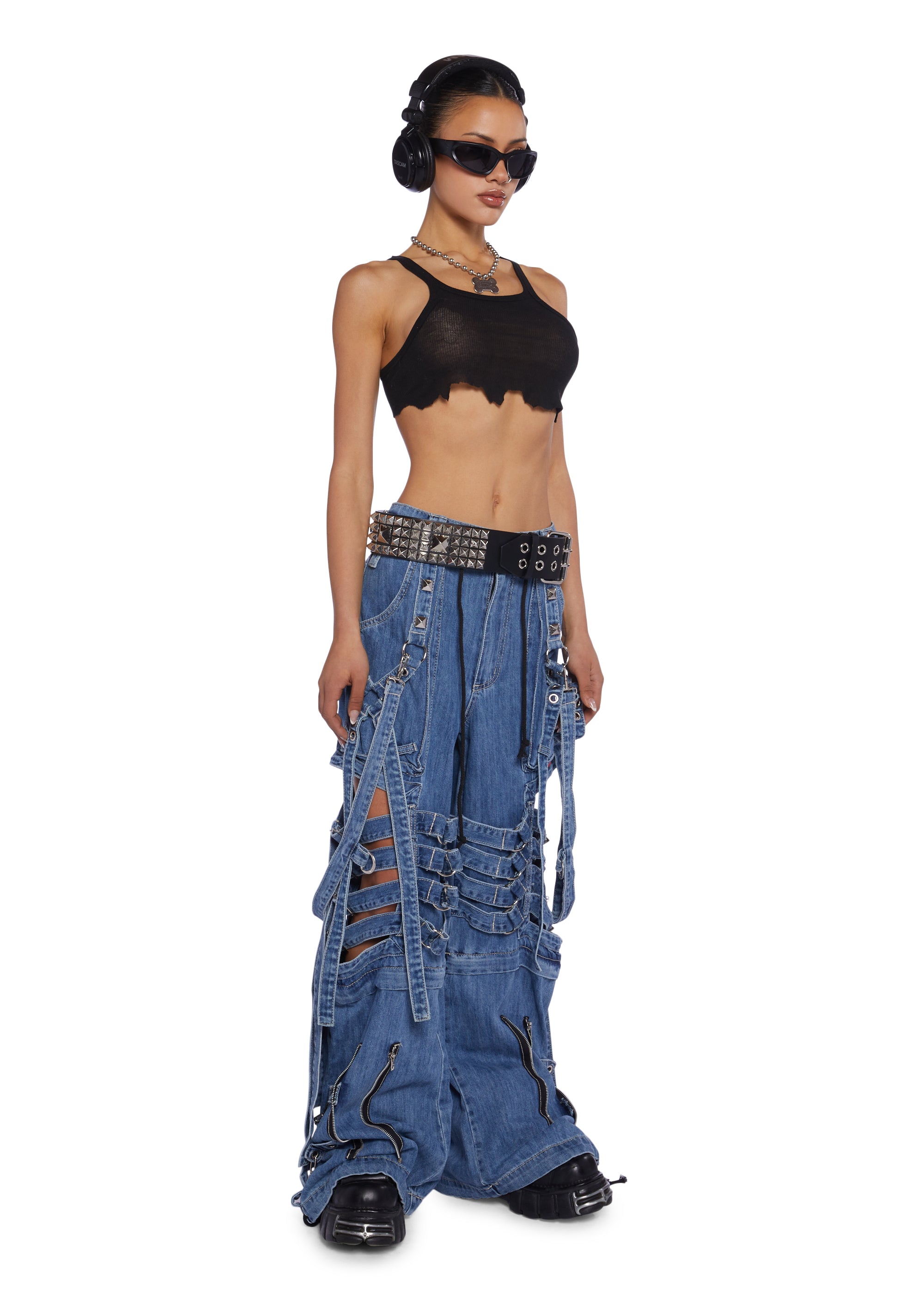 Tripp NYC Studded Zippered Cut-Out Wide Leg Denim Pants - Blue 