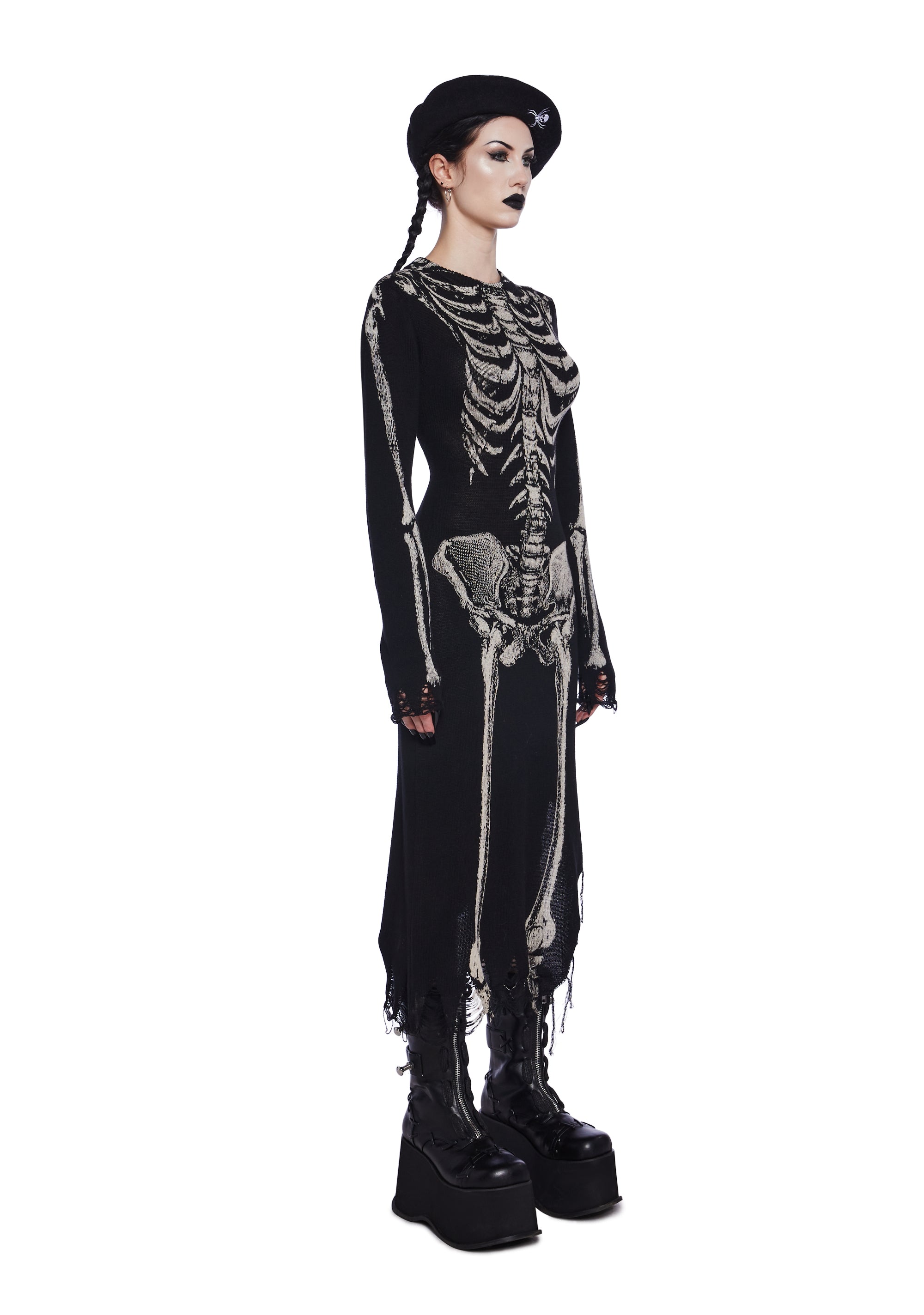 long skeleton dress Queen Of Sparkles Black Neon Skeleton Halloween Midi Dress XS