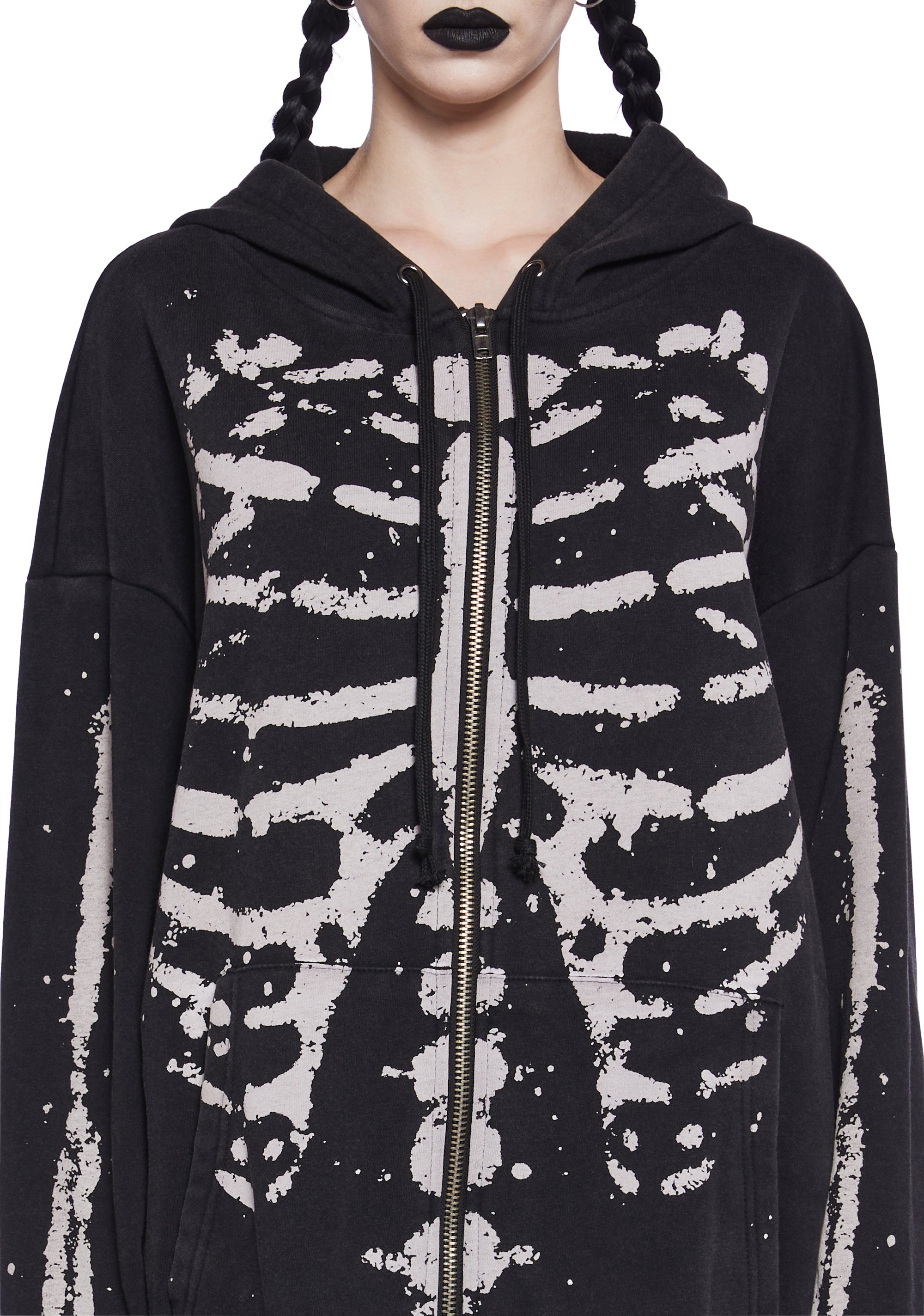 Trickz N' Treatz Bleached Cotton Skeleton Graphic Zip-Up Hoodie -  Black/White – Dolls Kill