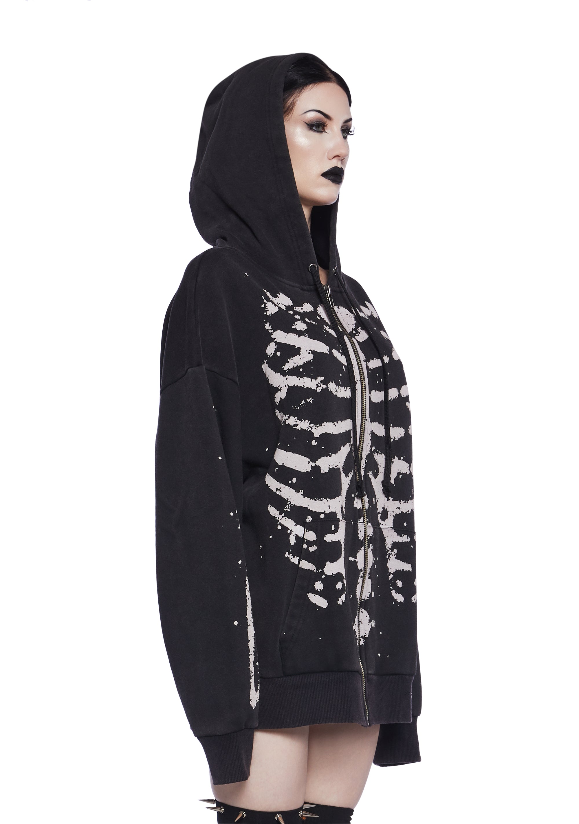 Trickz N' Treatz Bleached Cotton Skeleton Graphic Zip-Up Hoodie -  Black/White – Dolls Kill