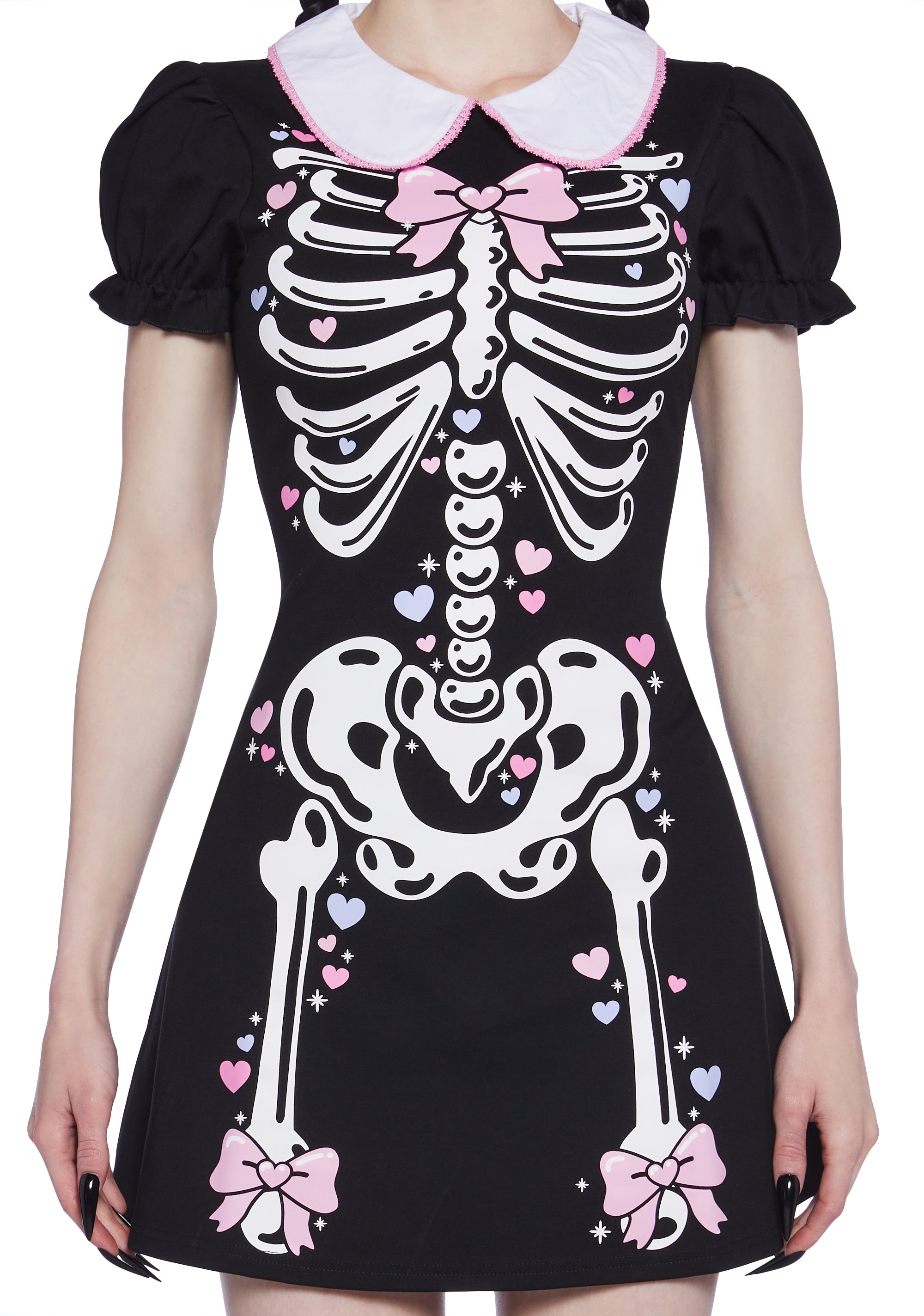 Sexy Womans Halloween Costume Kawaii Skeleton Collared Mini Dress Hearts-  Black – Dolls Kill