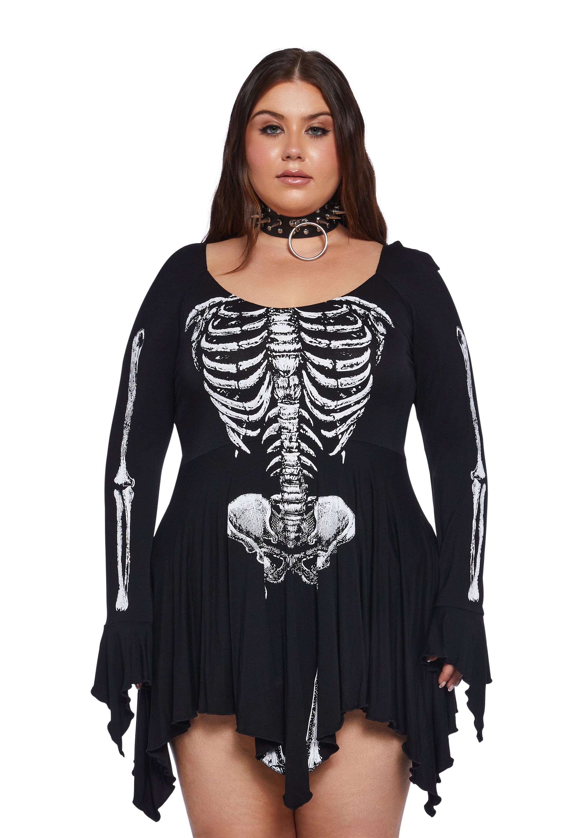 Plus Size Sexy Womans Halloween Costume Goth Stretchy Knit Skeleton Bone Fairy Handkerchief Mini Dress