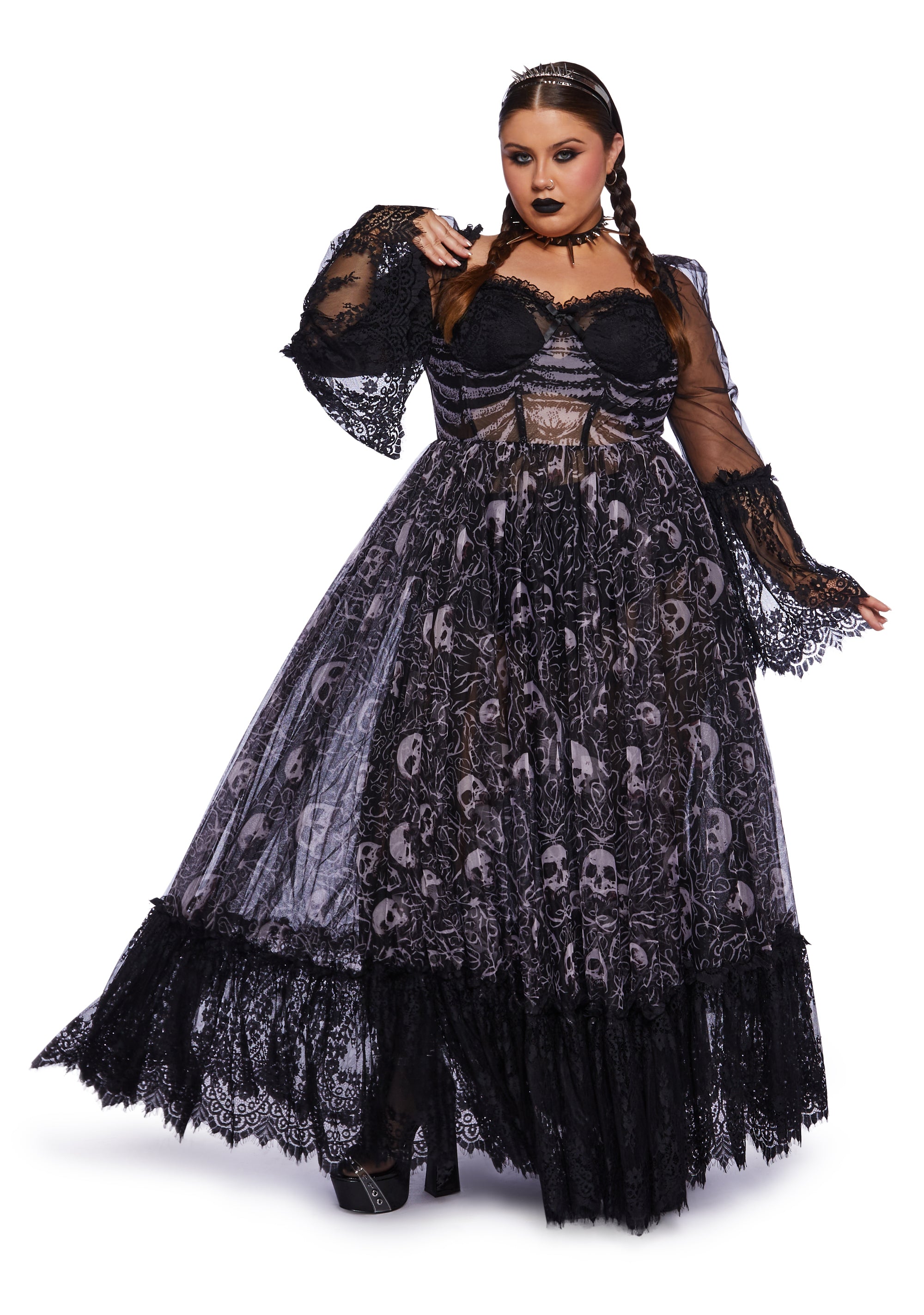 Plus Size Sexy Womans Halloween Costume Gothic Skeleton Skull Lace Bustier Long Sleeve Maxi Gown - Black Dolls Kill Plus Size Sexy Womans Halloween Costume Gothic Skeleton Skull Lace Bustier Long Sleeve Maxi Gown - Black Dolls Kill