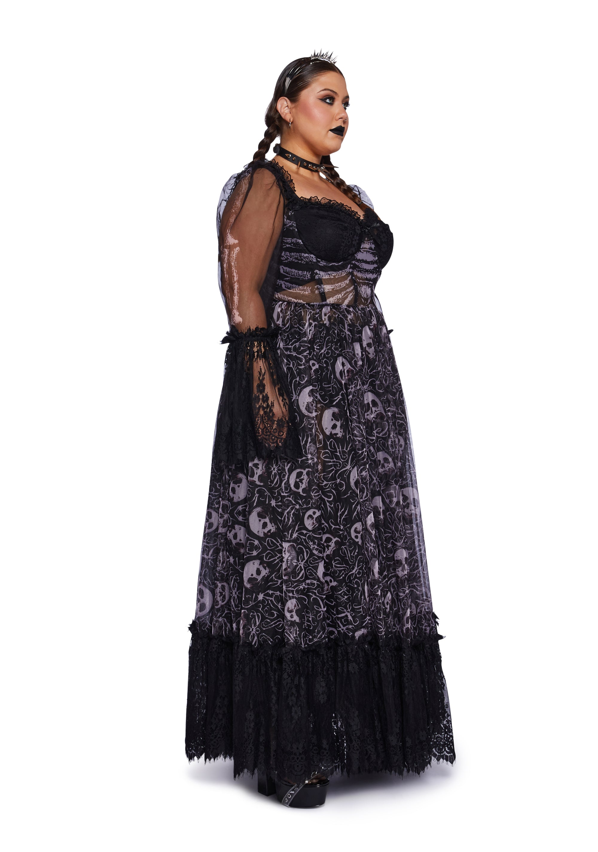 chinese dress ladies Plus Size Sexy Womans Halloween Costume Gothic Skeleton Skull Lace Bustier  Long Sleeve Maxi Gown