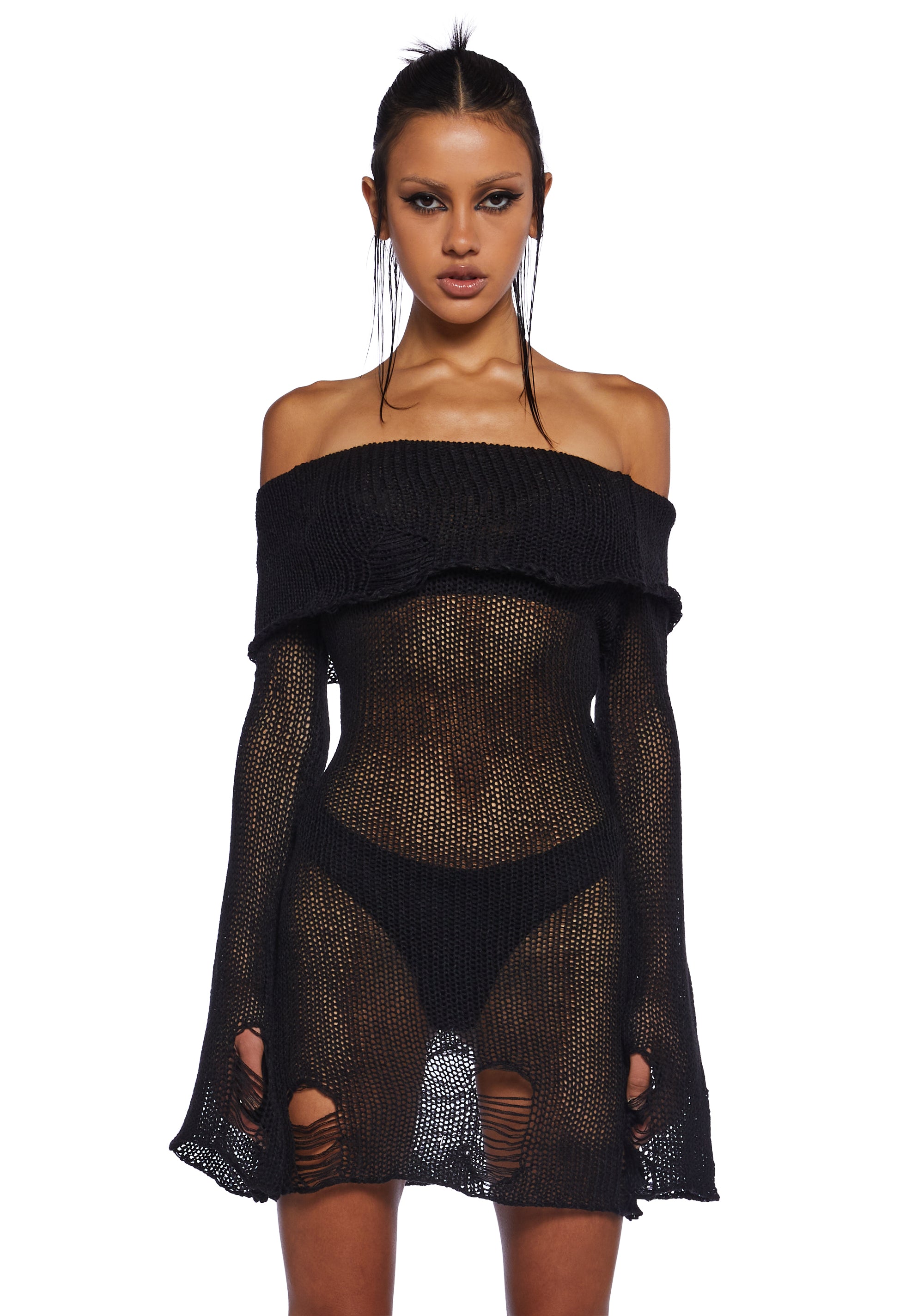 Darker Wavs Distressed Knit Sheer Sweater Dress With Long Sleeves