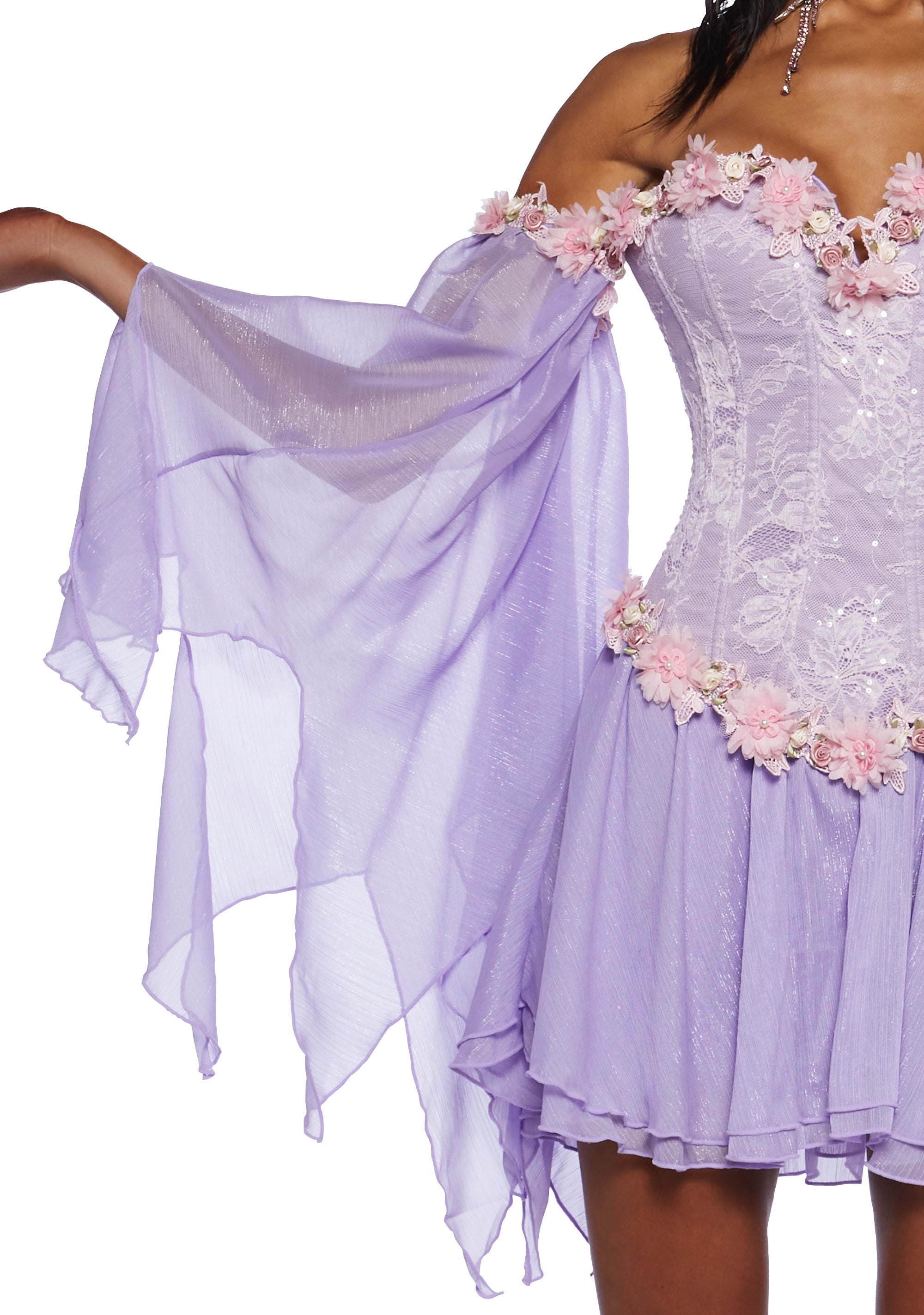 Sugar Thrillz Fairycore Cottagecore Glitter Chiffon Strapless Dress With Floral Appliques Sugar Thrillz Fairycore Cottagecore Glitter Chiffon Strapless Dress With Floral Appliques