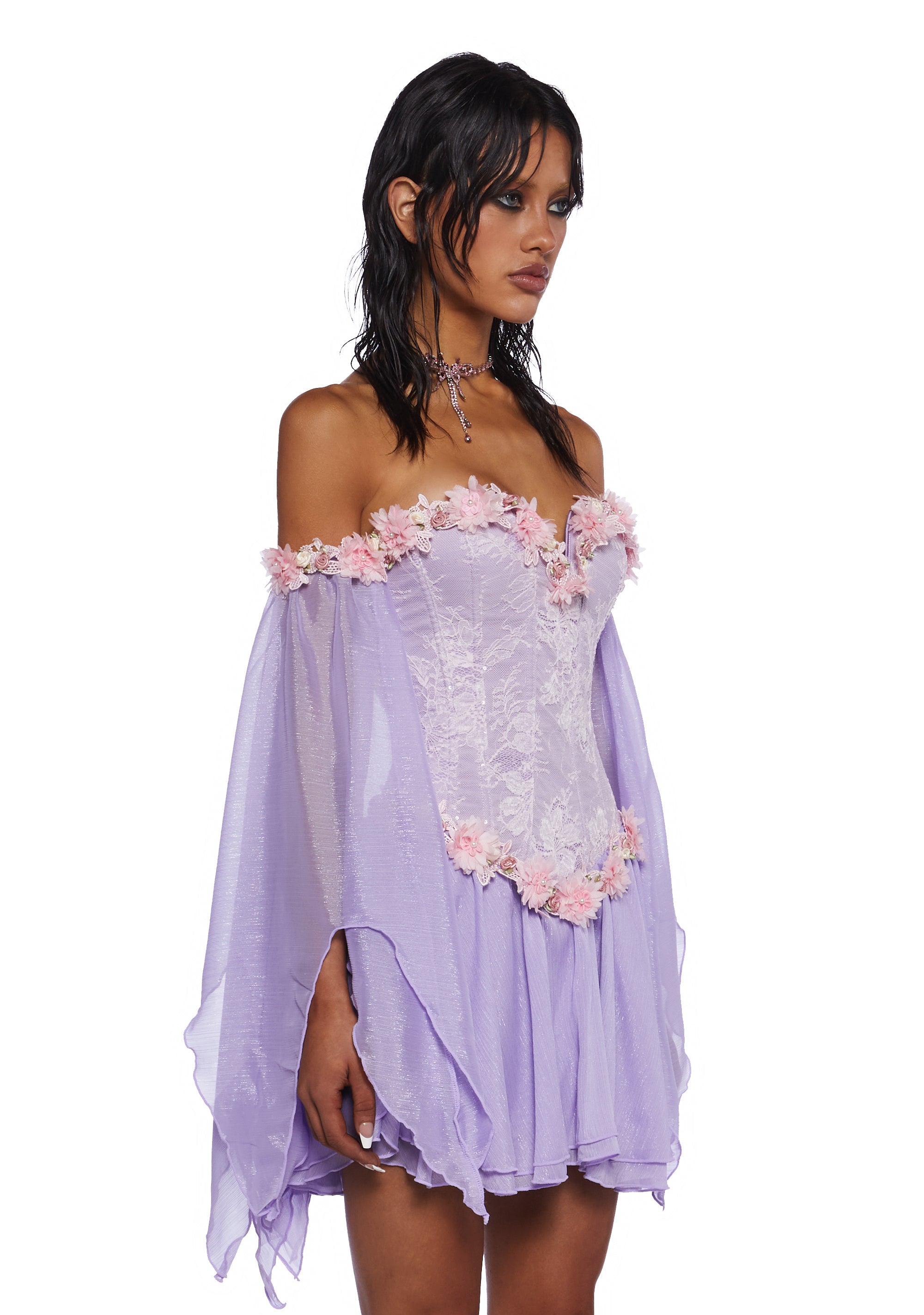 Sugar Thrillz Fairycore Cottagecore Glitter Chiffon Strapless Dress With Floral Appliques - Purple Dolls Kill Sugar Thrillz Fairycore Cottagecore Glitter Chiffon Strapless Dress With Floral Appliques - Purple Dolls Kill