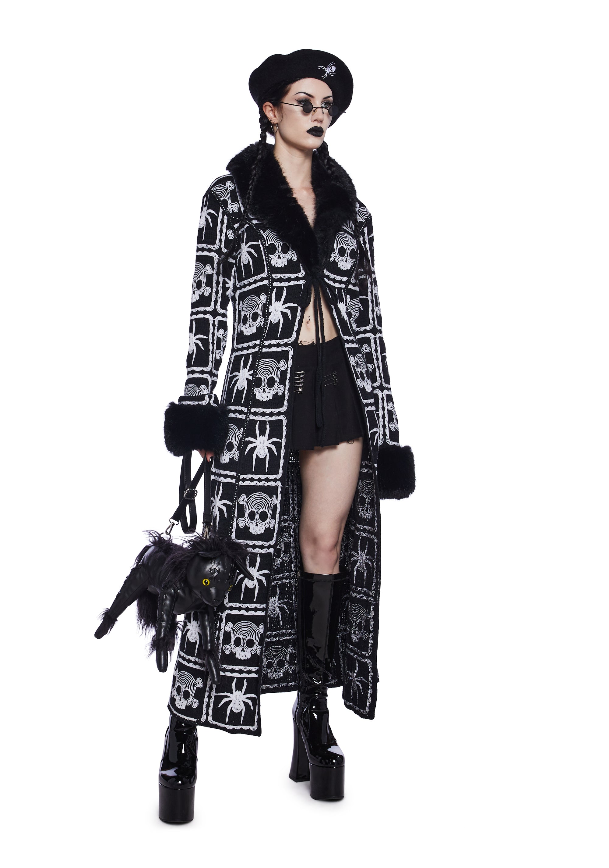 Halloween Womans Squared Skulls Spiders Crochet Faux Fur Trim