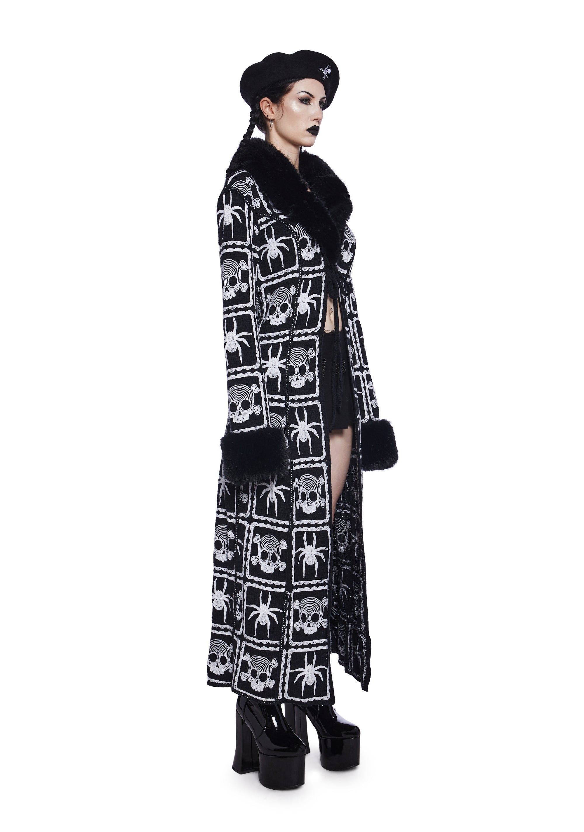Halloween Womans Squared Skulls Spiders Crochet Faux Fur Trim