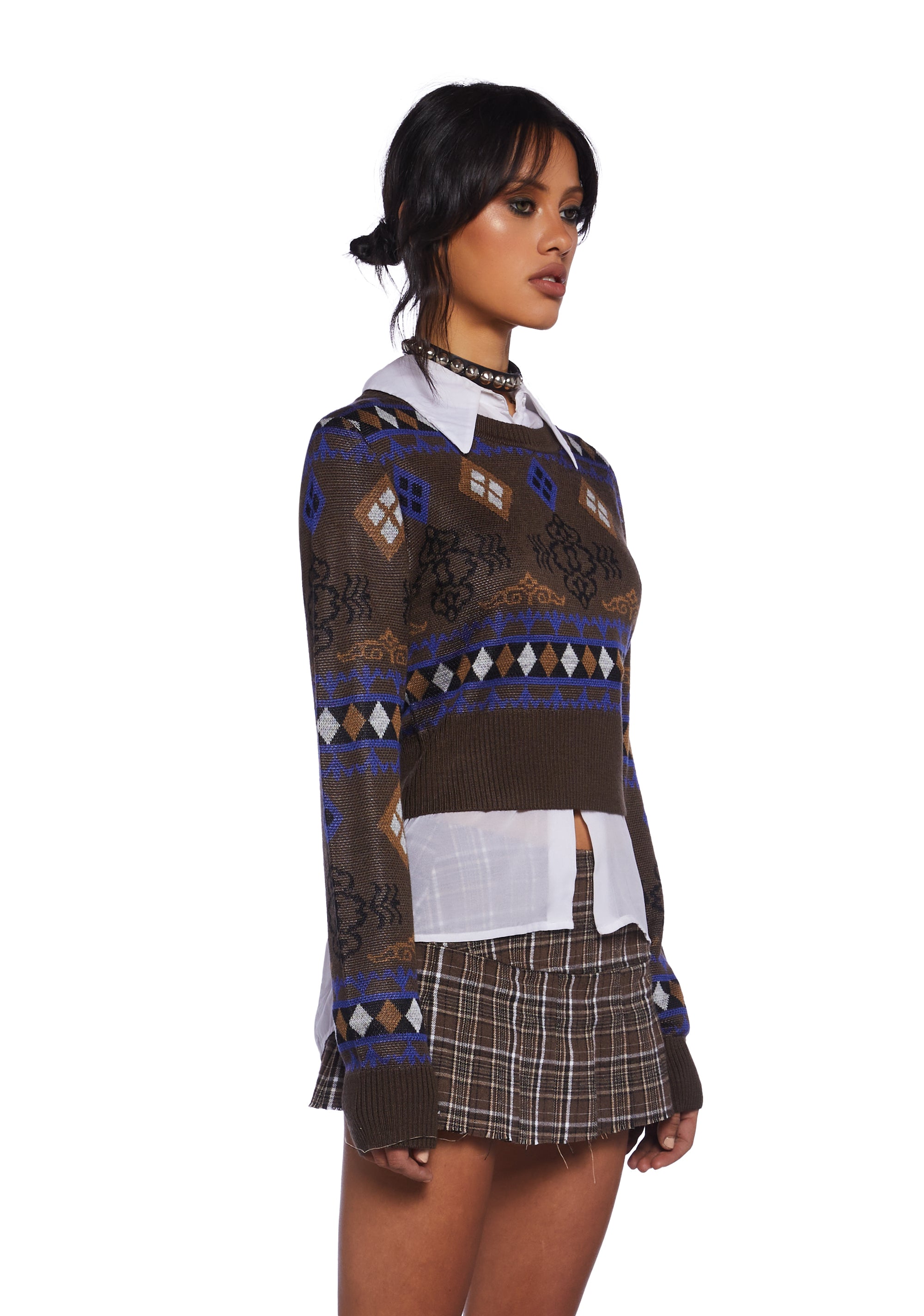 Current Mood Grandma Knit Pattern Cropped Sweater - Multi