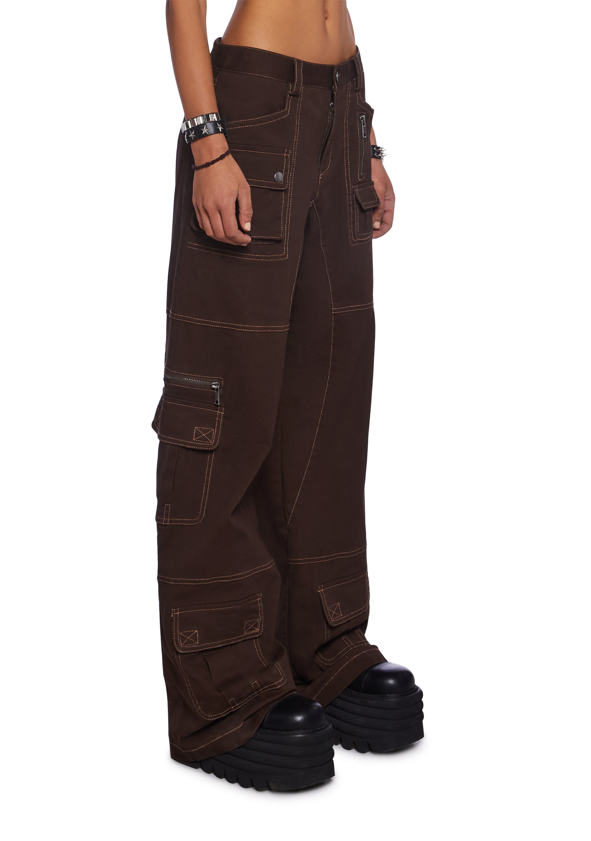Current Mood Twill Contrast Stitching Zippered Cargo Pants