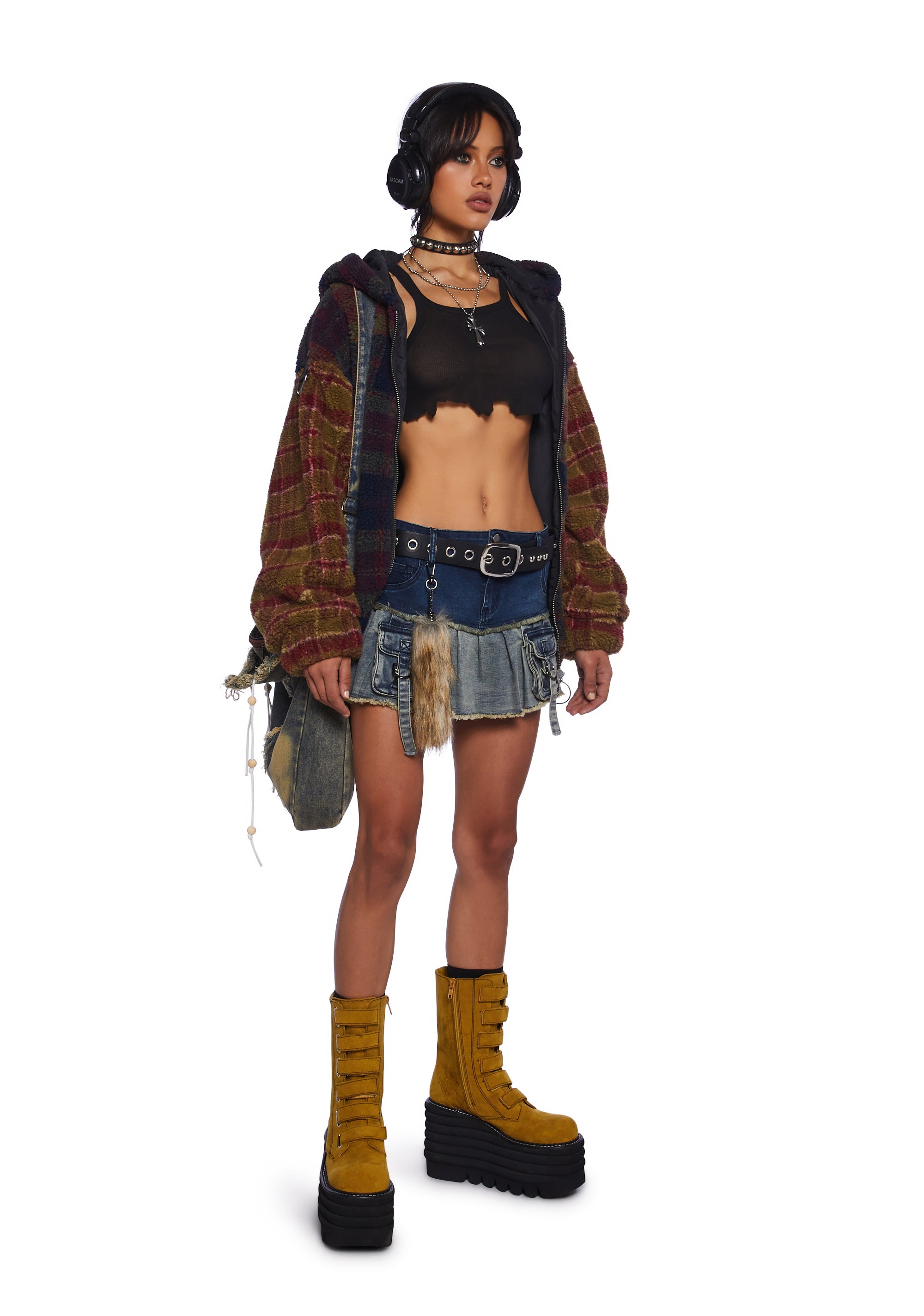 Current Mood Mixed Denim Pleated Mini Skirt With Fox Tail Keychain