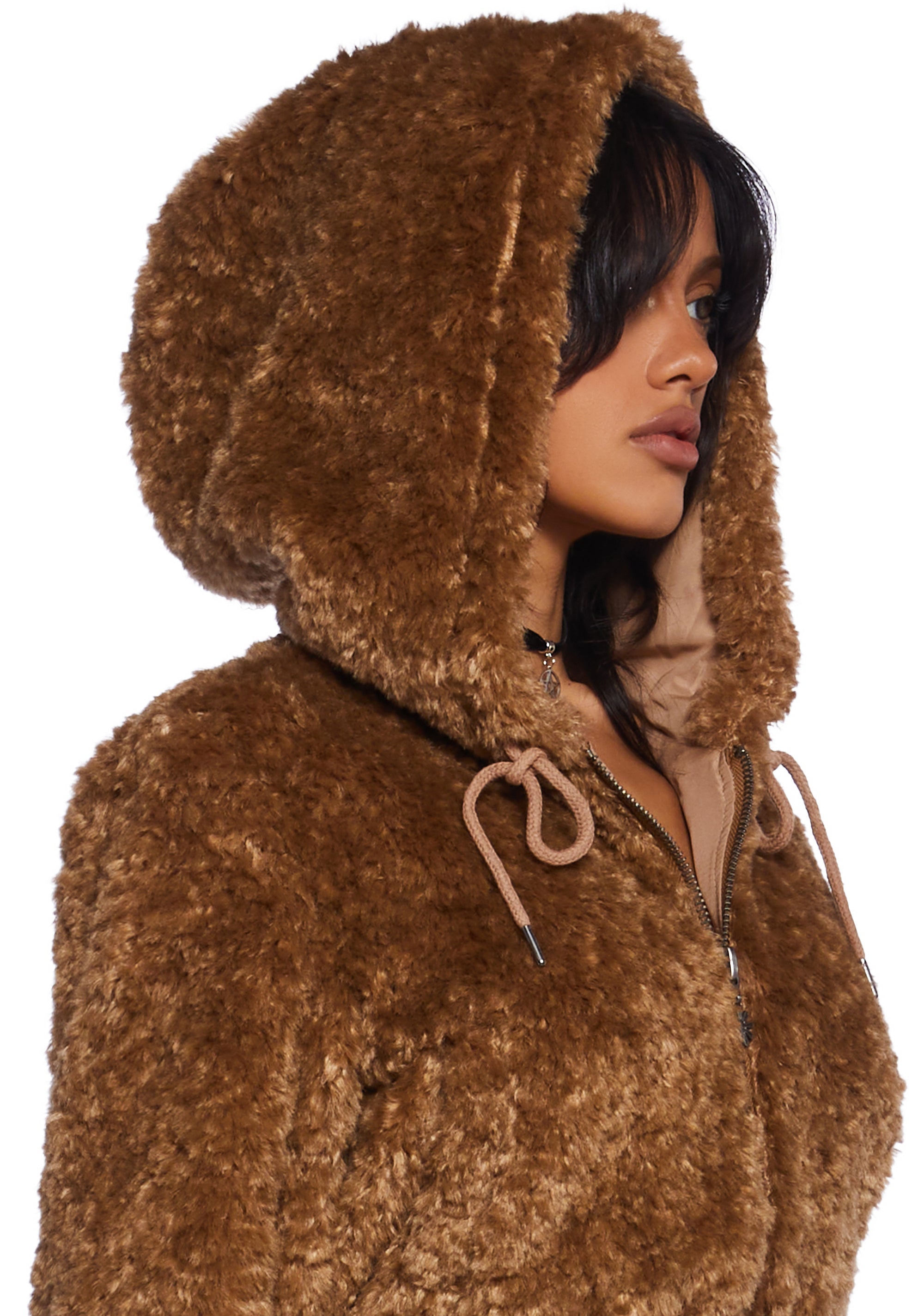 Delia's Faux Fur Cropped Zip-Up Hooded Sherpa Jacket - Brown