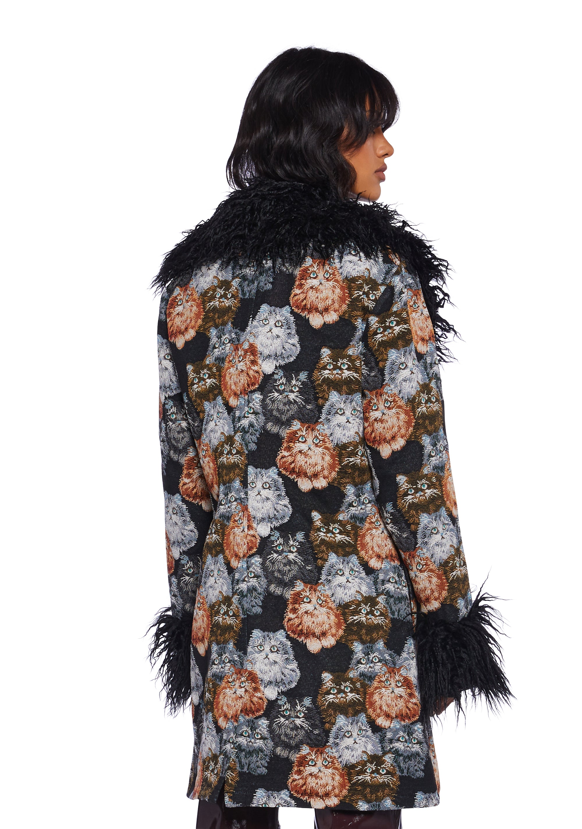 Delia's Cat Kitten Tapestry Coat With Faux Fur Trim - Multi