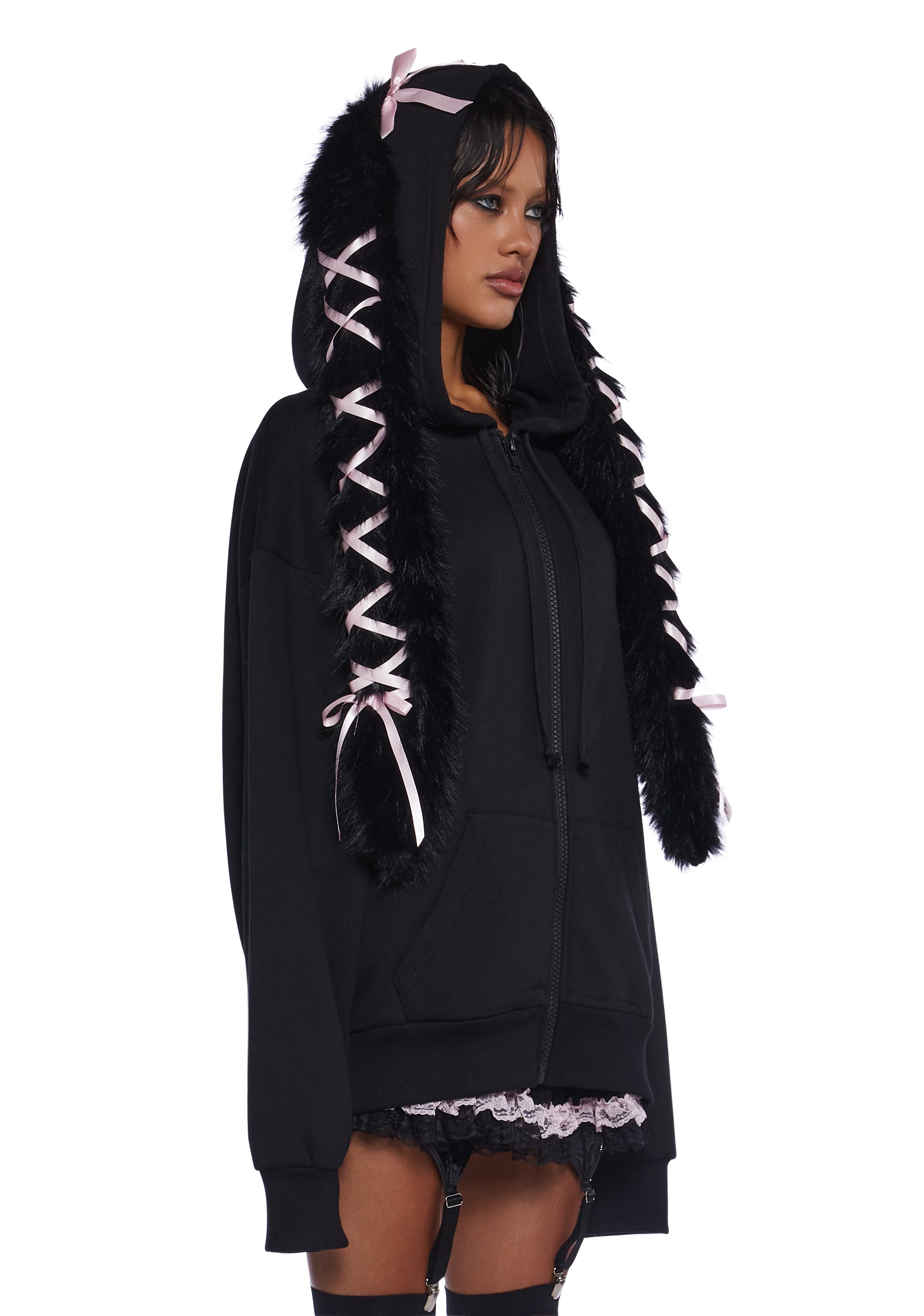 Sugar Thrillz Pastel Goth Faux Fur Ribbon Lace Up Bunny Ear Zip Up Hoodie Black Dolls Kill