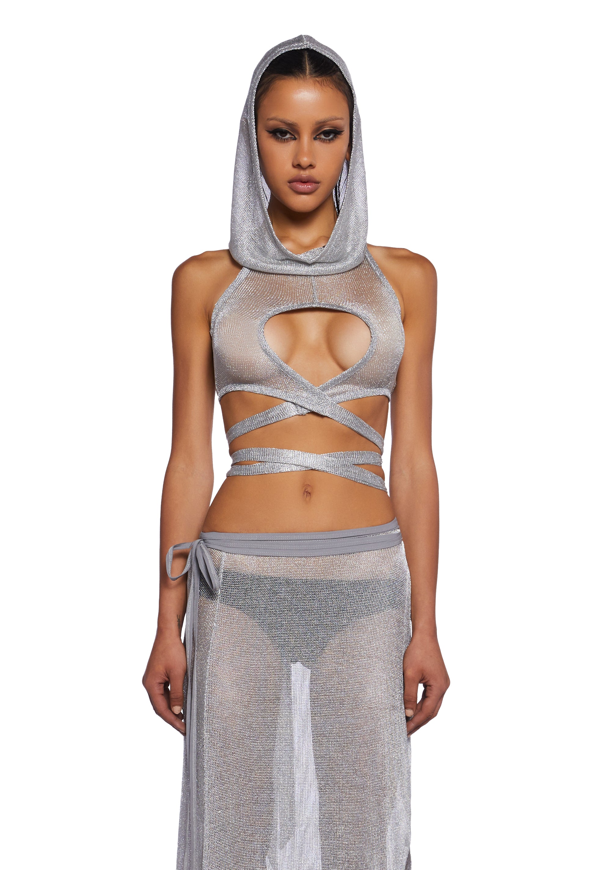 Darker Wavs Metallic Wrap Top With Hoodie Rave Silver Dolls Kill