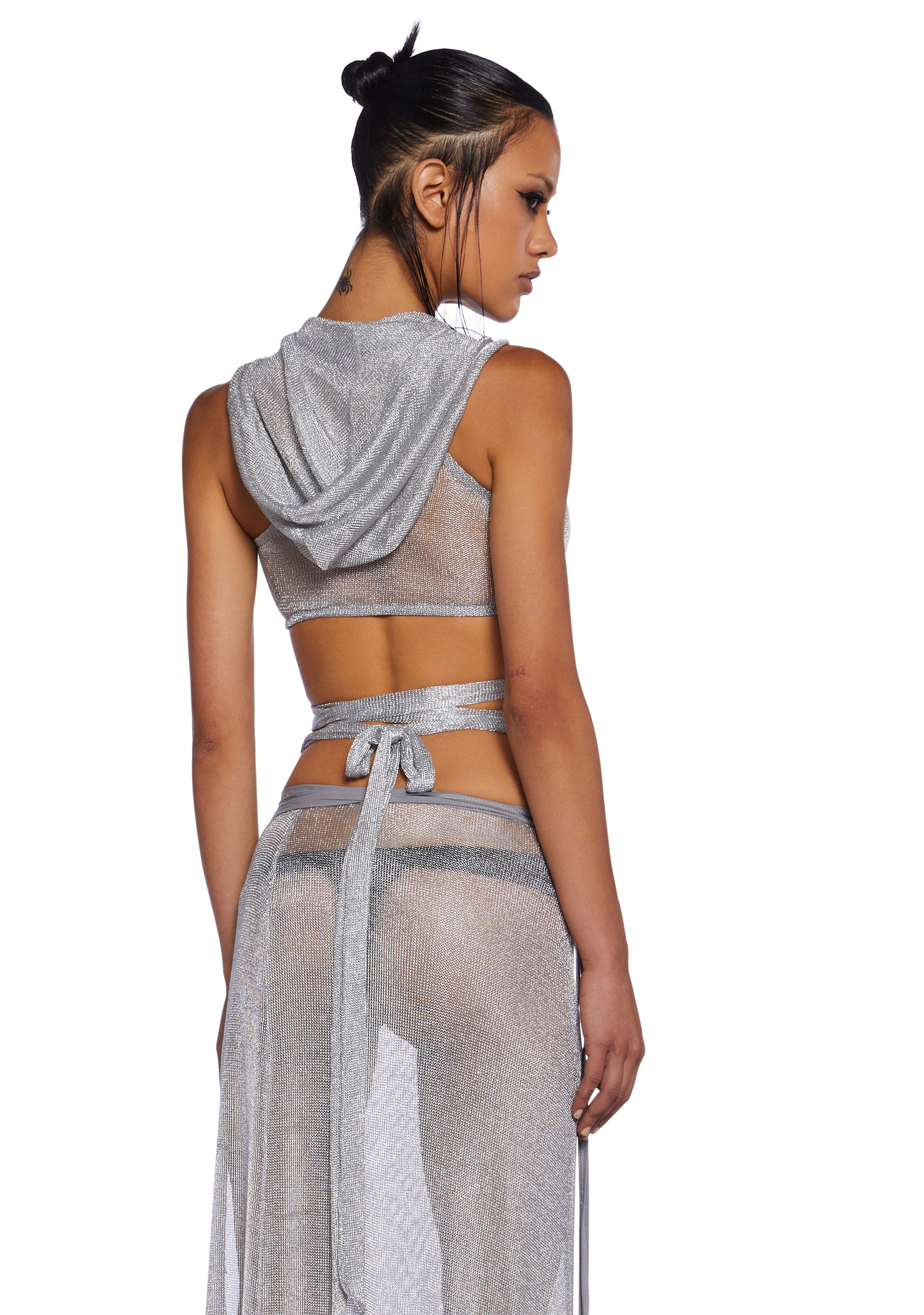 Darker Wavs Metallic Wrap Top With Hoodie Rave - Silver – Dolls Kill
